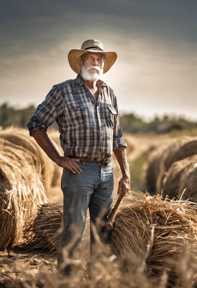 senior bearded farmer with straw hat standing crossed arms in field with sun behind him Natural volumetric lighting and better shadows, profundidade de campo profunda, foco clear, Portrait of man 35 years incredibly beautiful muscles, corpo inteiro, belo rosto viril, barba, atraente com olhos claros, sorriso sedutor, cabelo cinza curto desgrenhado, camisa branca apertada, jeans, (messy painted body: 1.05), (fundo de rua com lojas: 1.15), hospital, (arms down 1.2), bandaged broken arm, pitoresco, Overexposure, fotorrealismo, fotorrealista, nsfw, sexy,, clear, focado, centrado, sensual, HD, 8k, DSLR, RAW