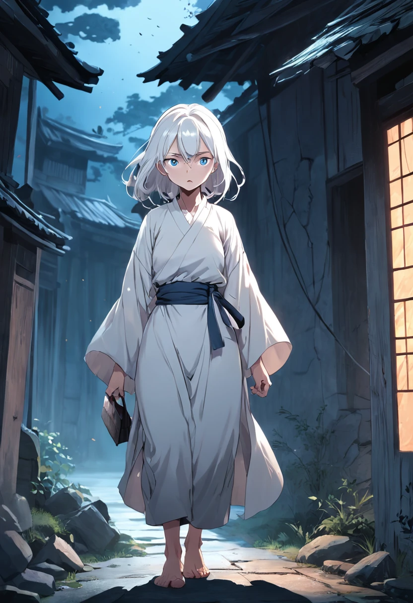 An old rural woman in a white shirt,The face is full of wrinkles,white haired Cangcang,Doubts shocked,Walking into the broken house with a bag at night,mystical aura, surreal atmosphere,(Chinese folk suspense, terroral, Supernatural comic book style), hyper qualit,hyper HD,4K