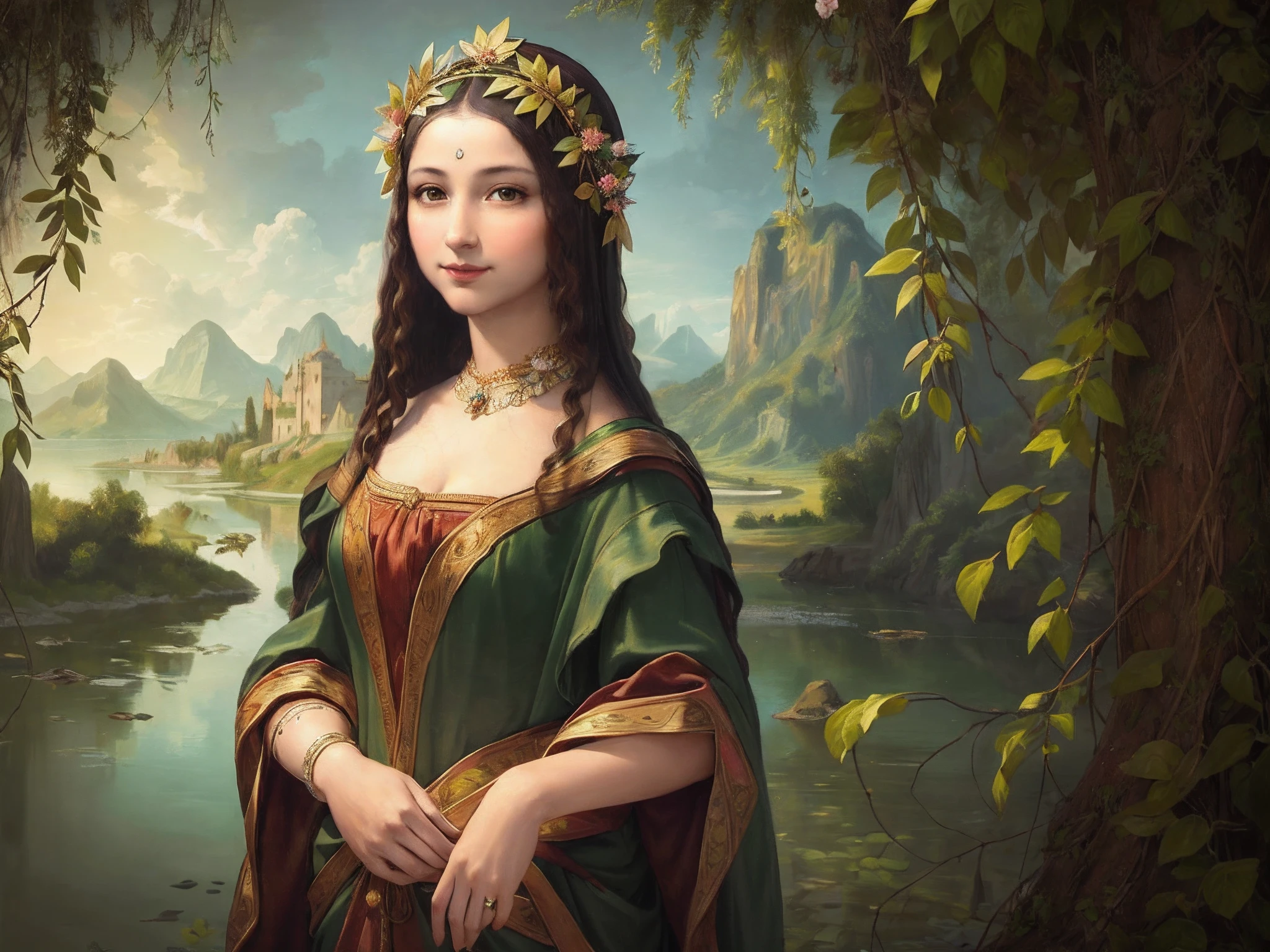 A female model,Wear a delicate headdress made from leaves, Flowers and vines poured down,Outline her face. Her makeup is dominated by green and gold,Match the nature theme. She calmly gazed at the audience,With the smile of the Mona Lisa. The overall color palette is bright spring green, Complements the warm sun effect. (RAW photo, Best quality),(Realistic, photo-realistic:1.3), Clean, Masterpiece,finedetail,Masterpiece,Ultra-detailed,A high resolution,(Best Illustration),(Best shadow),Intricate, Bright light.