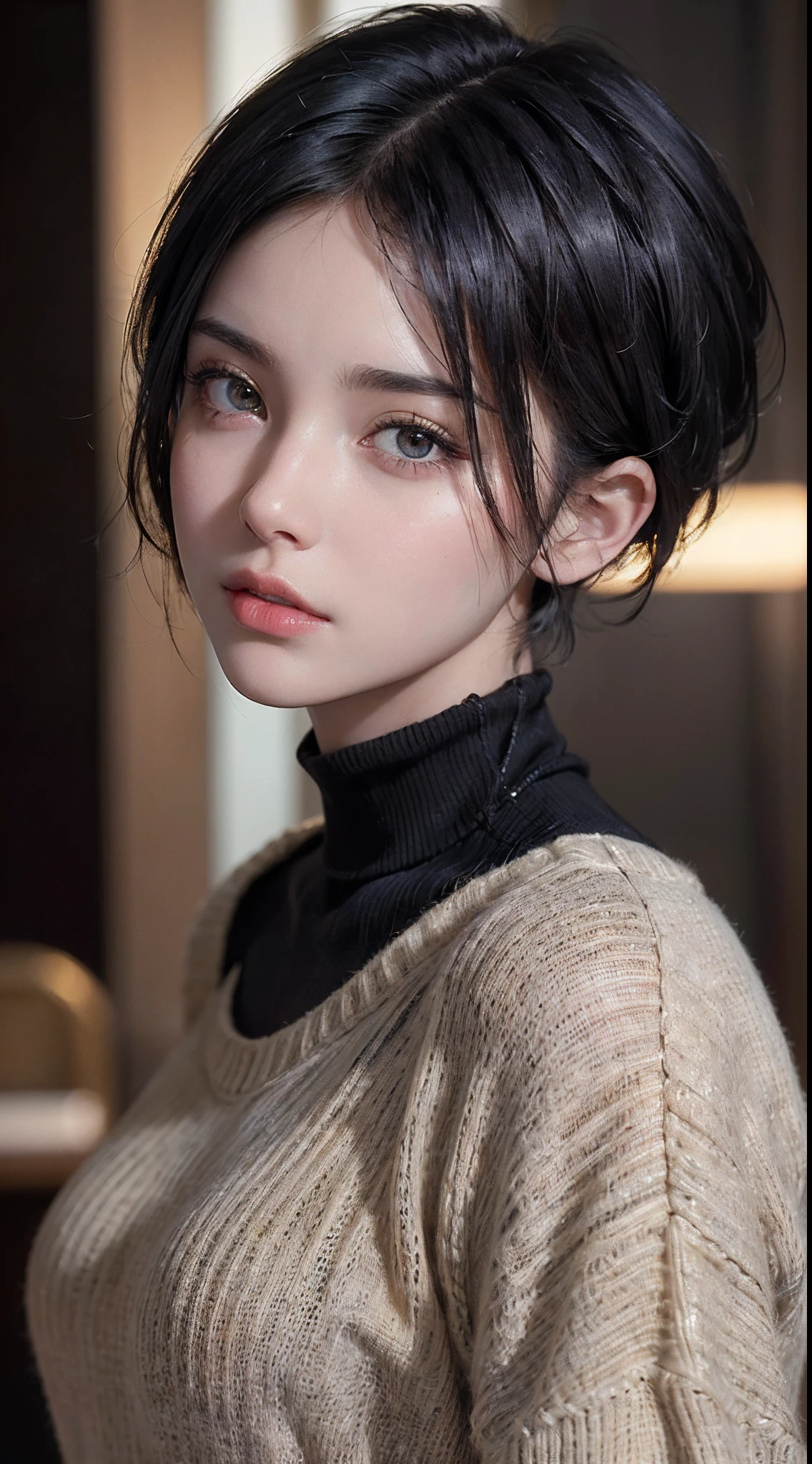 (masterpiece:1.3), (8k, photorealistic, RAW photo, best quality: 1.4), (1girl), beautiful face, (realistic face), (black hair, short hair:1.3), beautiful hairstyle, realistic eyes, beautiful detailed eyes, (realistic skin), beautiful skin, (sweater), absurdres, attractive, ultra high res, ultra realistic, highly detailed, golden ratio