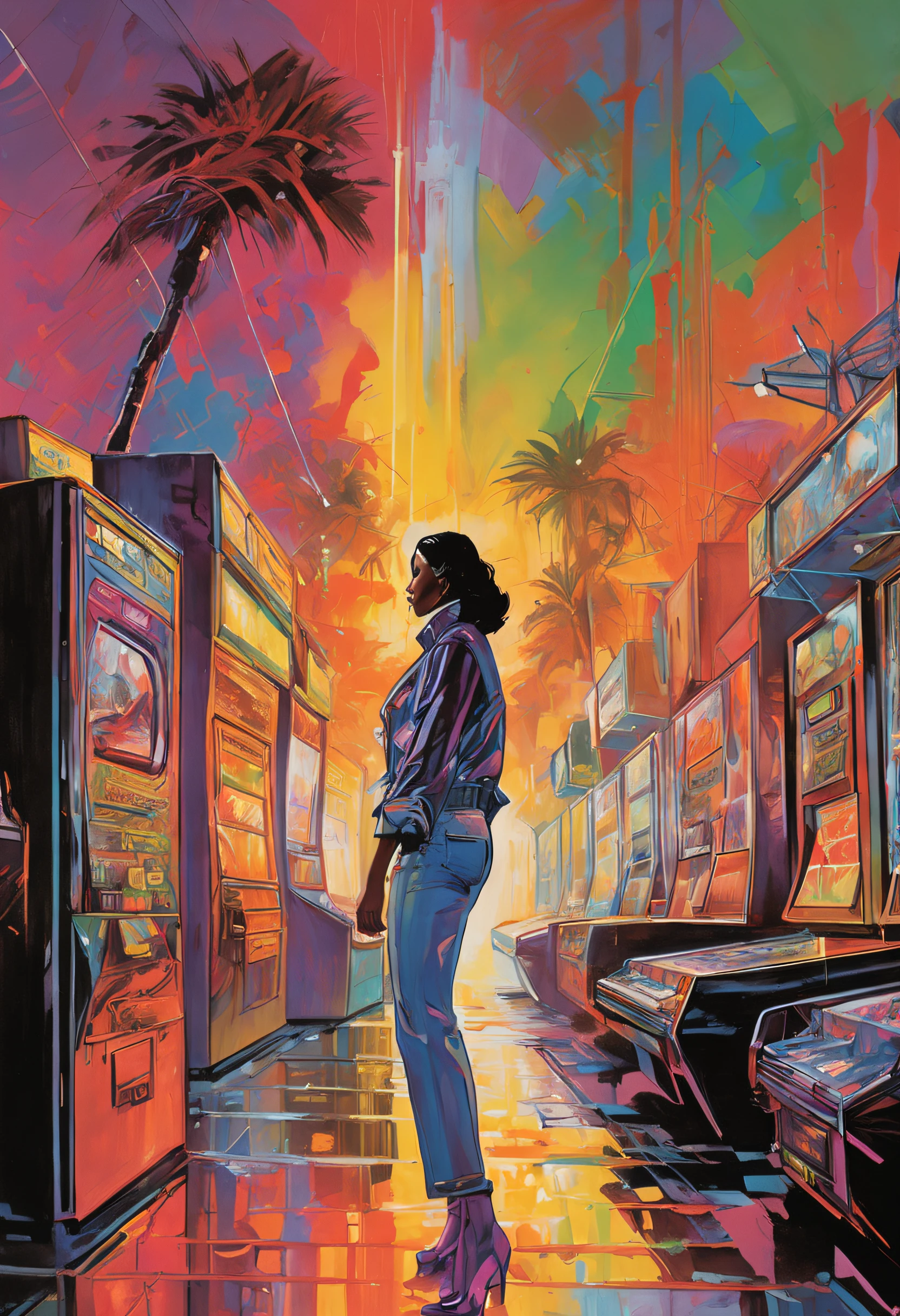 Vintage 90's anime style environmental wide shot of a chaotic arcade at night; a woman wearing streetwear; by Hajime Sorayama, Greg Tocchini, Virgil Finlay, sci-fi. line art. Environmental arcade art.
