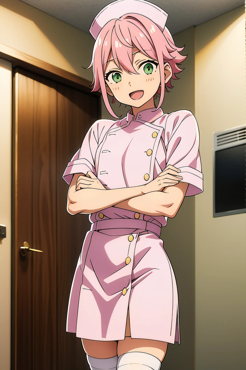 tori himemiya, pink hair, green eyes, ahoge, sidelocks, otoko_no_ko, male focus, solo, Nurse, ((White nurse cap, White nurse uniform)), ((White legwear, zettai ryouiki)), White Gloves, Smile, Open mouth, Standing, ((Hospital room)), sharp outline, Short sleeves, Best Quality, masutepiece