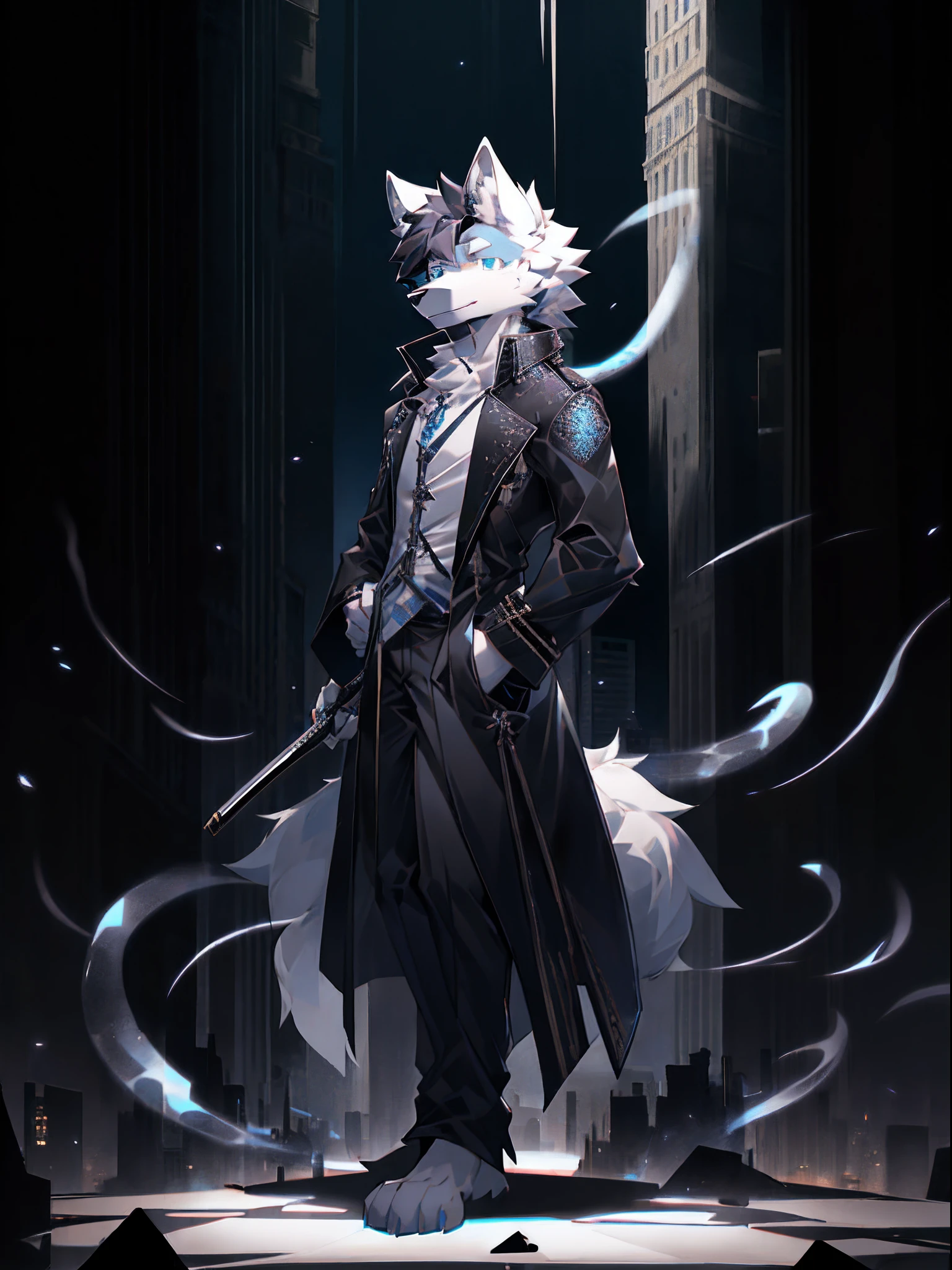 solo person，shaggy，White wolf，a black trench coat，with short black hair，Pale blue eyes，Put one hand in your pocket，Stand on a tall building，Holding a black katana in his hand，There are black tentacles sticking out of the back