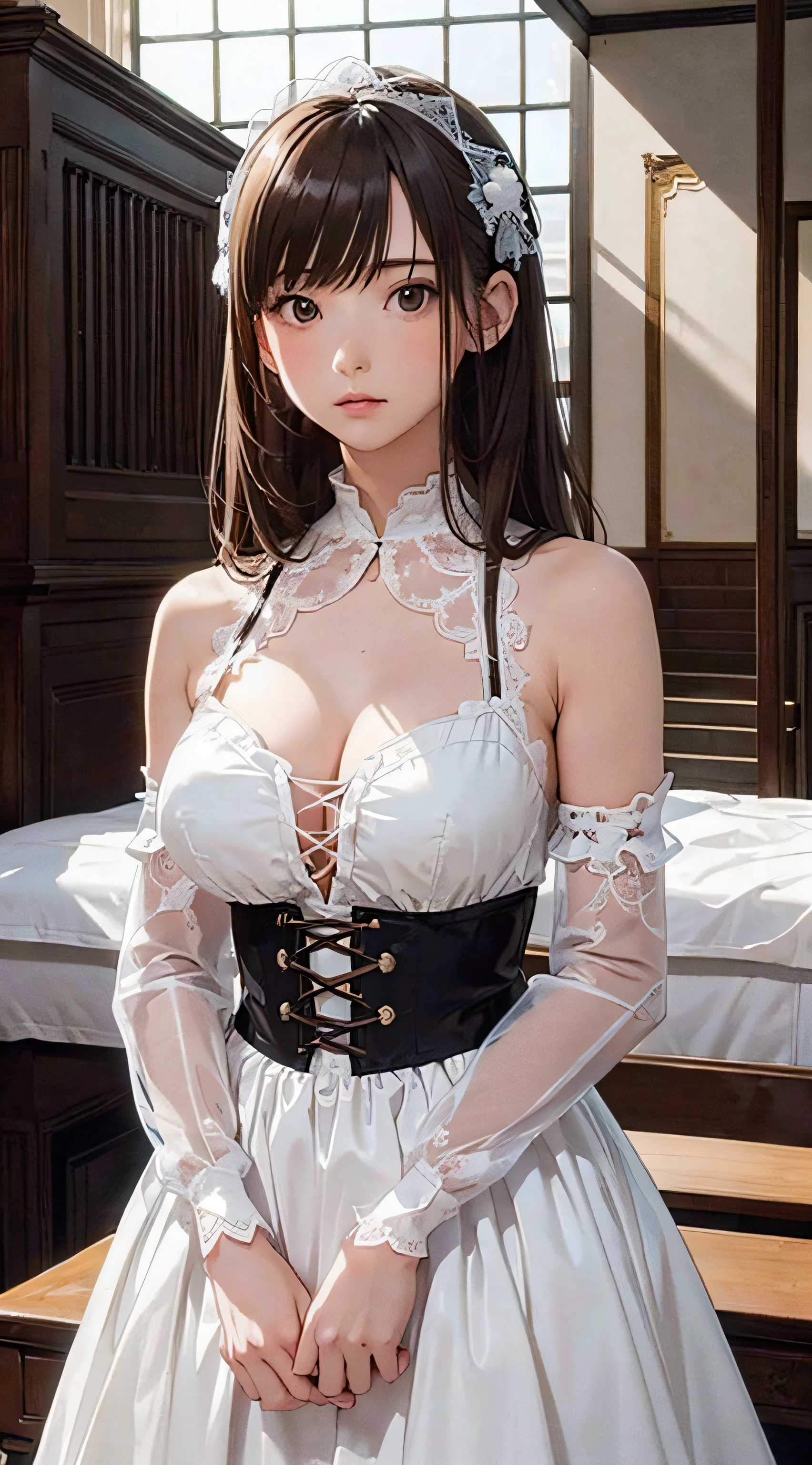(1girl:1.3), cinematic light, solo, breasts, Lace-Up Bodice Dress, open breast, white innner, silky long hair, (brown) hair, (masterpiece, top quality, best quality, official art, beautiful and aesthetic:1.3), extreme detailed,highest detailed,(ultra-detailed),((an extremely delicate and beautiful)),starry sky,from below