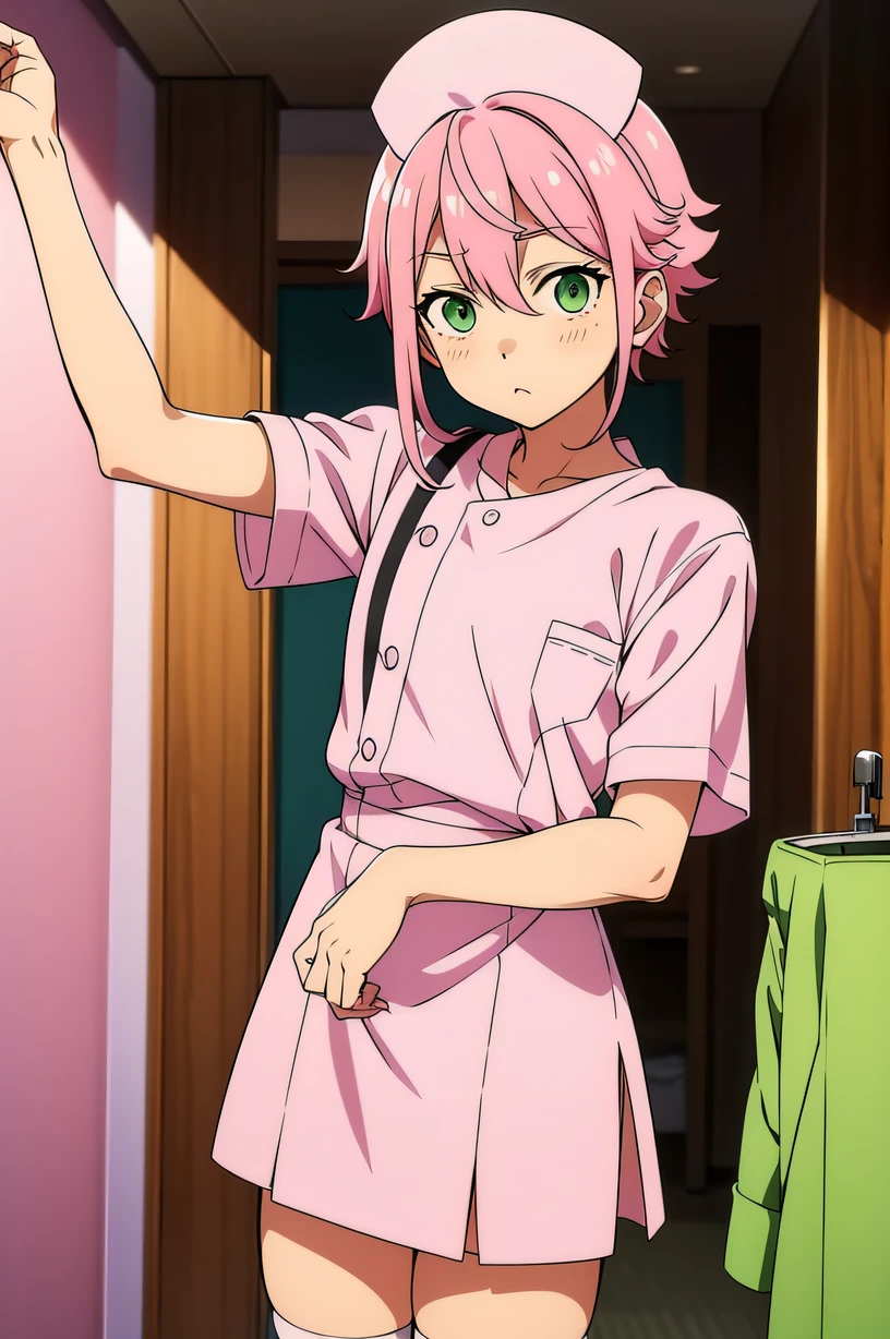 tori himemiya, pink hair, green eyes, ahoge, sidelocks, otoko_no_ko, male focus, solo, Nurse, ((White nurse cap, White nurse uniform)), ((White legwear, zettai ryouiki)), White Gloves, ((White surgical mask, Cover the nose)), Standing, ((Hospital room)), sharp outline, Short sleeves, Best Quality, masutepiece