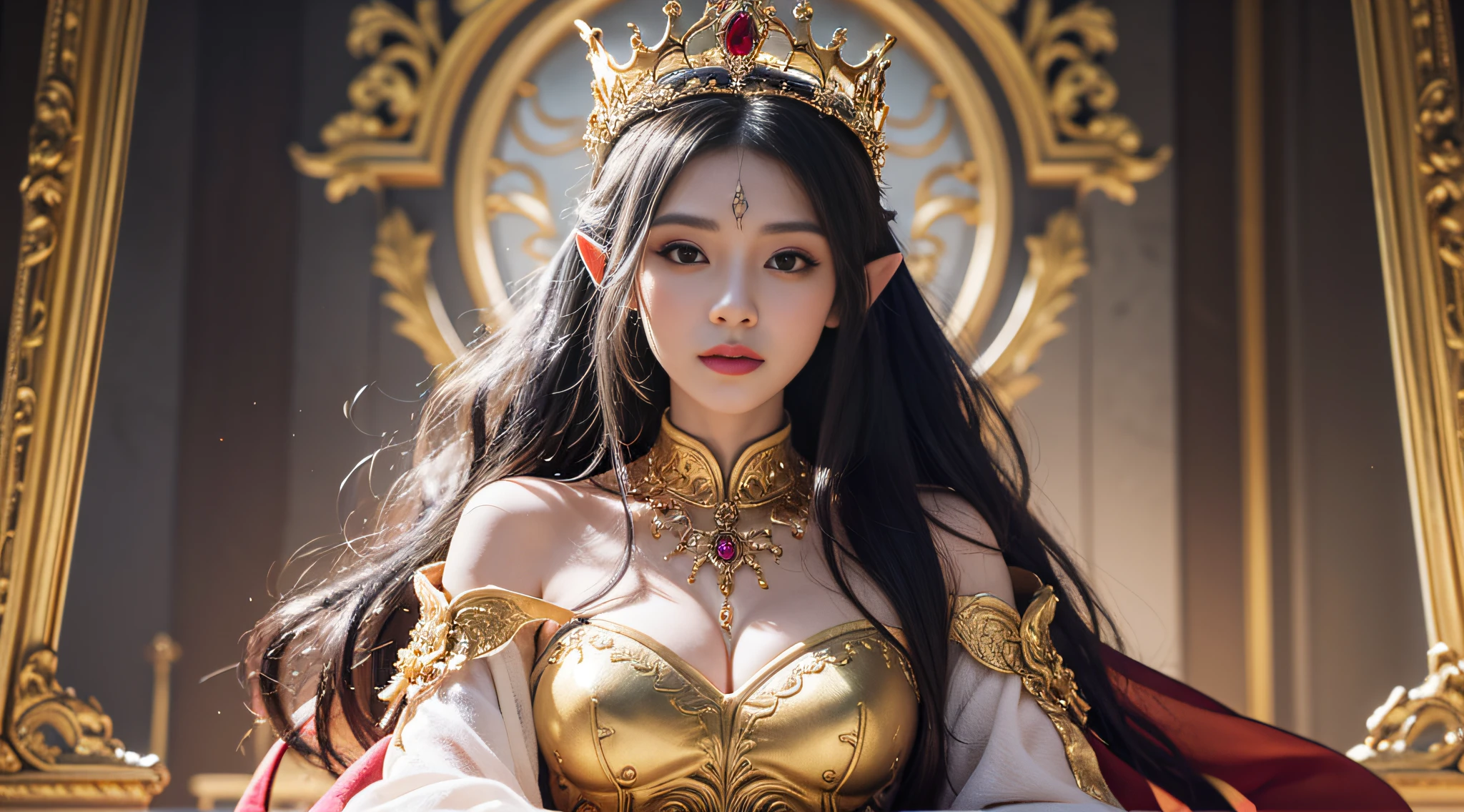 araffe woman in a golden dress with a crown and jewels, ornate cosplay, a beautiful fantasy empress, beautiful elf with ornate robes, wlop and ross tran, ((a beautiful fantasy empress)), ross tran 8 k, beautiful and elegant elf queen, ross tran and wlop, fantasy photoshoot, 8k artgerm bokeh, karol bak uhd