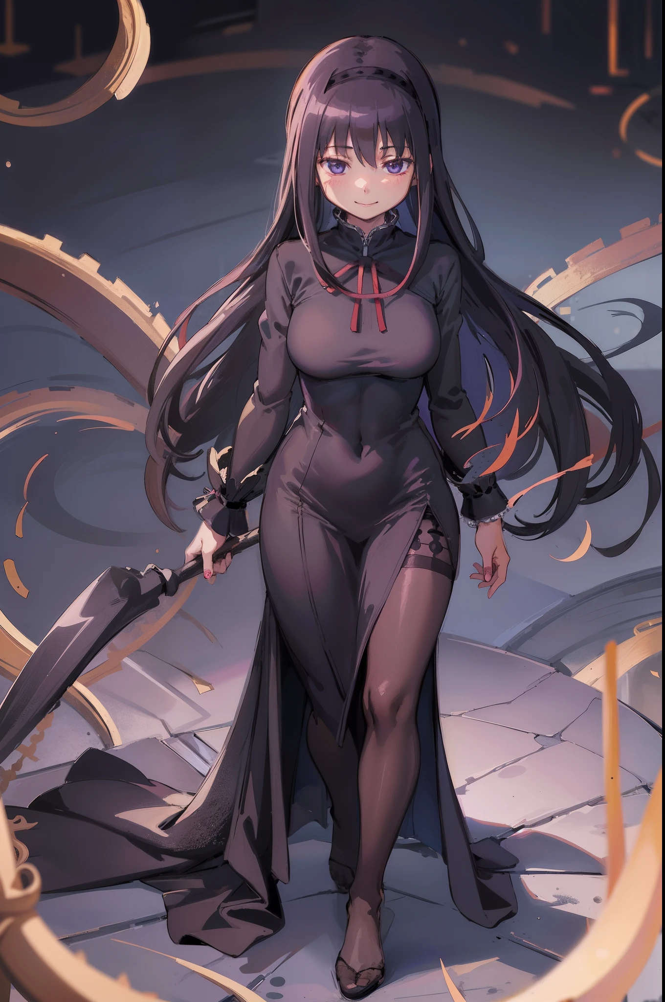 , (masterpiece:1.2), (best quality:1.15), extremely detailed,1girl, detailed,1girl, solo, homuramagica, long hair, pantyhose,, long dress, priestess, blackcloths, black veils, gothic, long skirt, black robe, religious, standing, full body, medium breast, mature woman, tallgirl, standing,smile,, purple eyes,homura