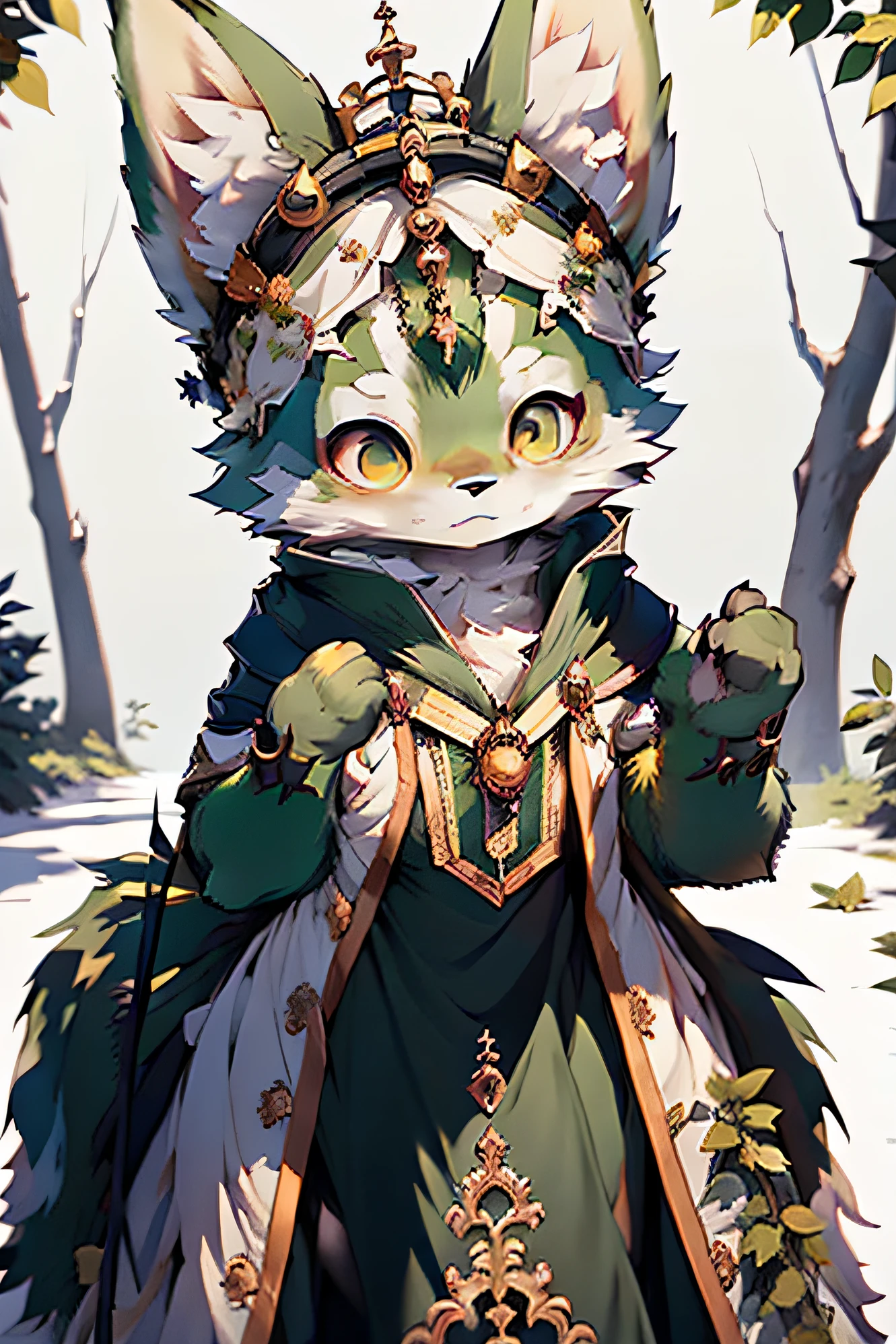 Green Fur Fox Body Type Green Dress Lifelike Details Delicate Picture Only One Tail Furry Forest Princess