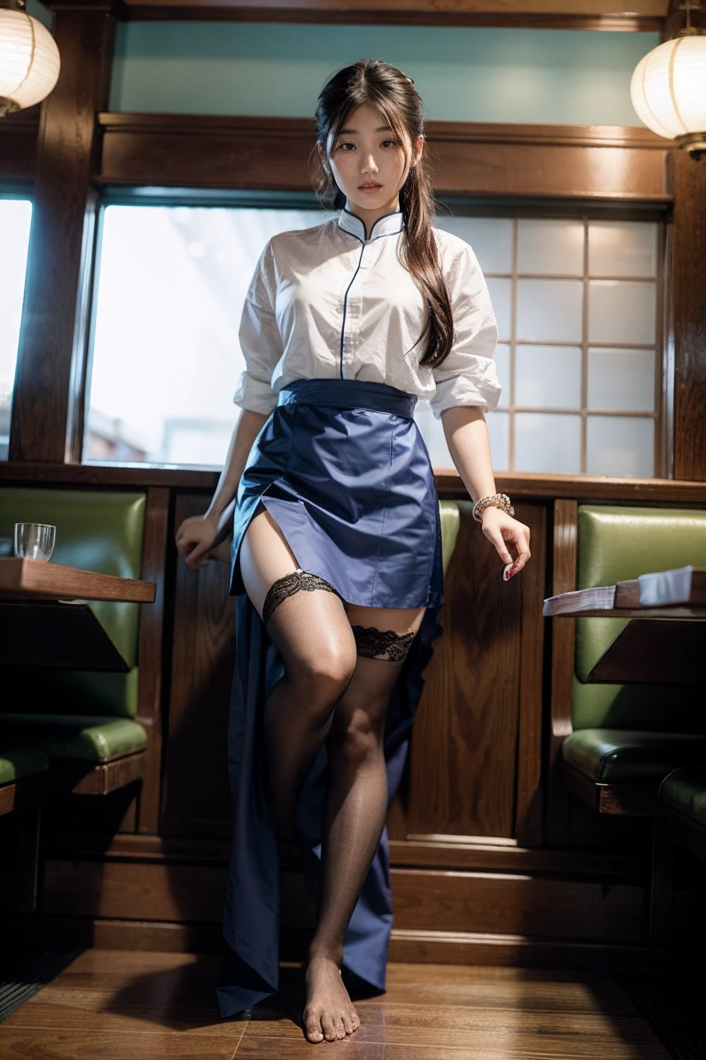 show entire body, feet in view, realistic, beautiful 18y.o. Asian female, traditional looking short skirt, blue stockings, no shoes, crowded restaurant, serving customers