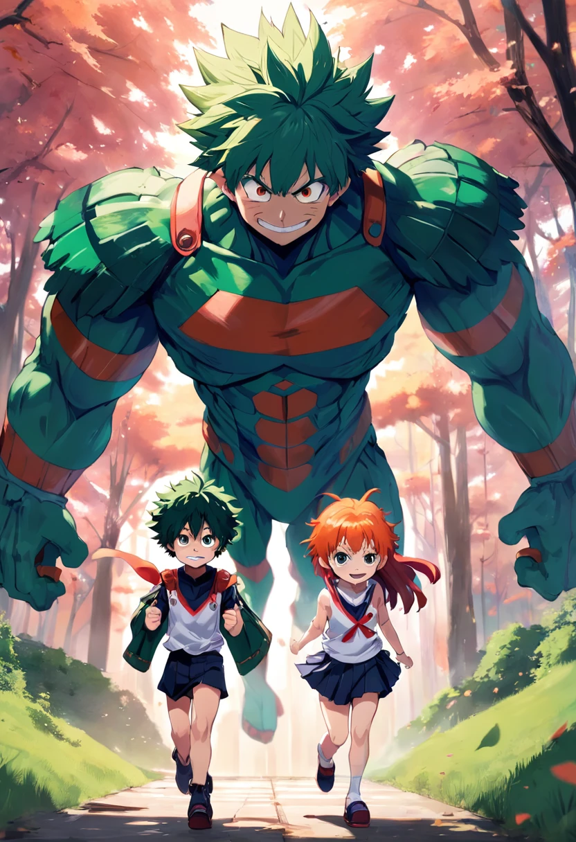 Combina Deku e Ichigo en un solo personaje poderoso caminando mirando a camara poco musculosa