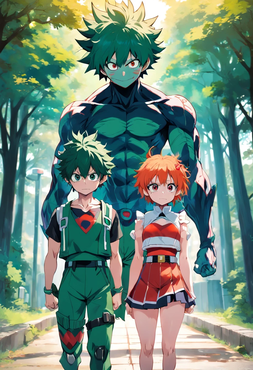 Combina Deku e Ichigo en un solo personaje poderoso caminando mirando a camara poco musculosa
