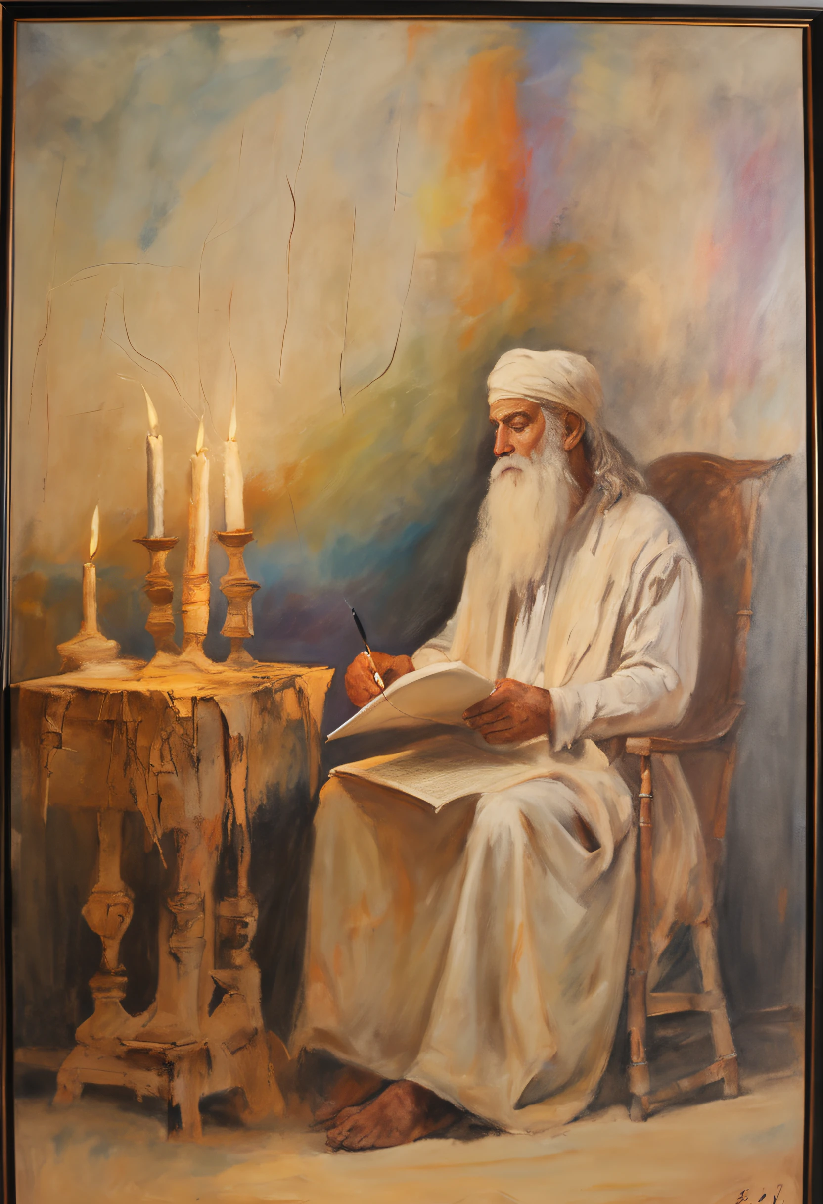 An old man, long white hair, long white beard, writing a papyrus, writing with a feather, is inside a tent, farthest view of the tent, candlelight, hyper realistic, photography effect, 8k, super detailed, biblical, Hebrew descendant. --auto --s2