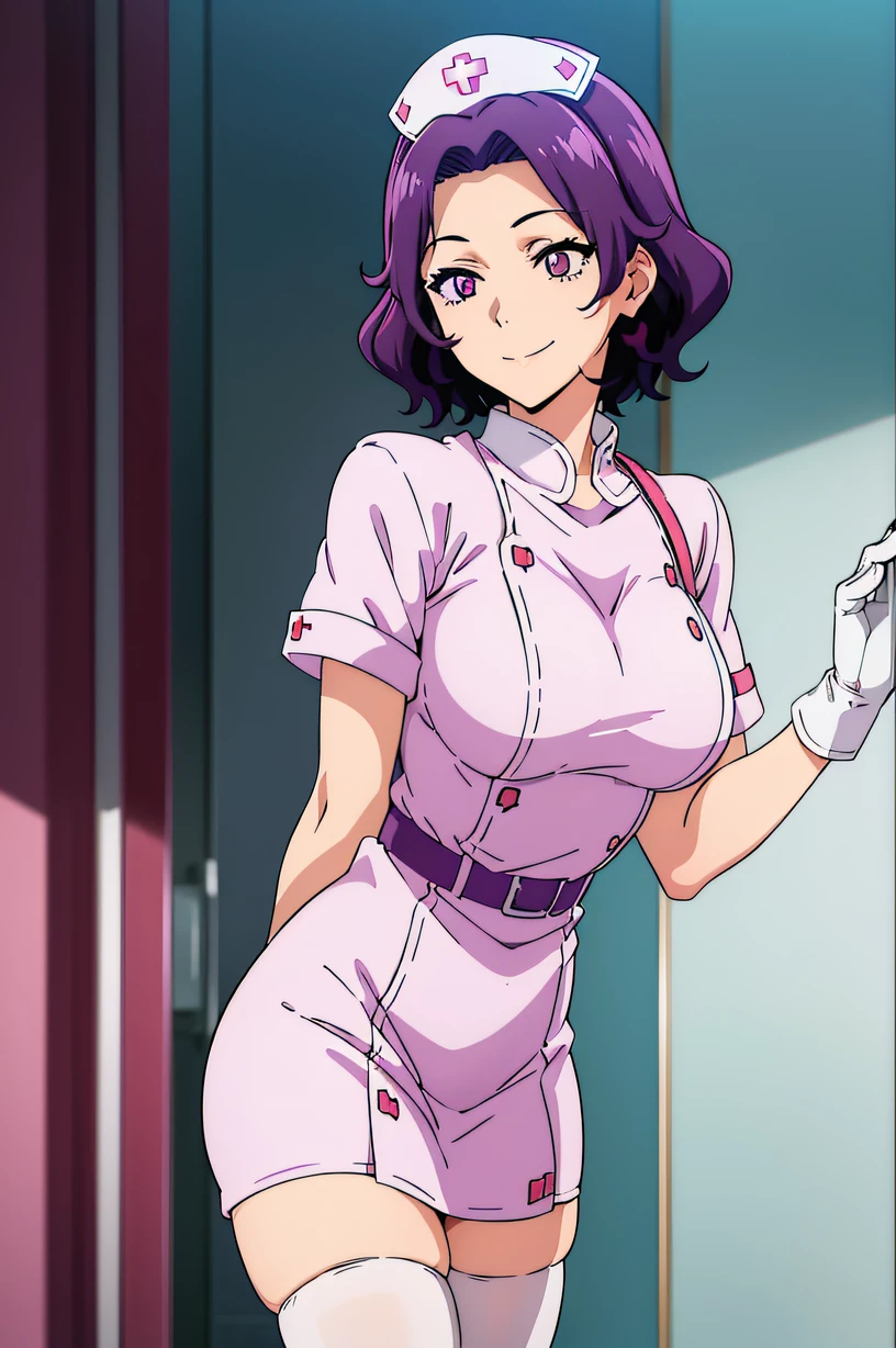 hamaoka azusa, purple eyes, purple hair, short hair, large breasts, solo, Nurse, ((White nurse cap, White nurse uniform)), ((White legwear, zettai ryouiki)), White Gloves, Smile, Standing, ((Hospital room)), sharp outline, Short sleeves, Best Quality, masutepiece