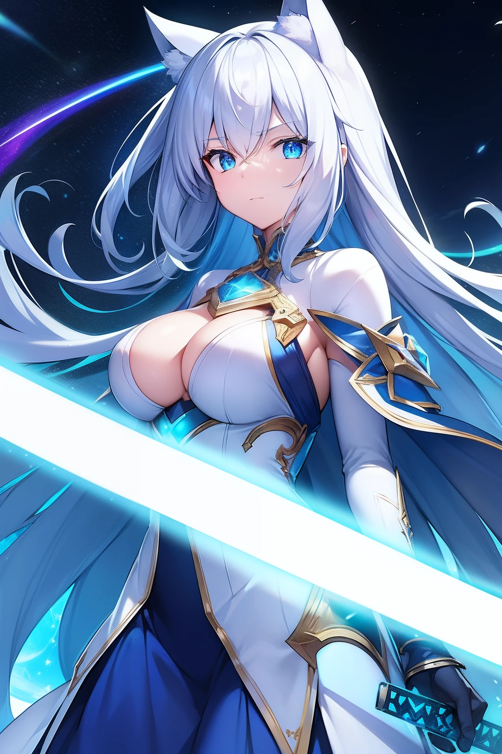 Cat's ears,hair is white and long,Goggles shine on her head,Her skin is pale, A blade of light enveloped me like a snake in interstellar wind,Unleash the Blade of Light,She laughs with a bullish look, Highest Quality, Carry a blue cloak with war maiden decorations,Raise the rainbow sword of the brave, ((Provocative))((afford)), 8 Blue Light Sword,Blade of Light,Lens Flare, Big rainbow,The moon shines,Star chips, bloom, ((light glow)), chromatic abberation], Digital Painting, Insane details, Intricate details, Beautifully color graded, Unreal Engine, Cinematic , colour grading, Editorial Photography , Photography, Photo Shot, Shot on 70mm lens, depth of fields, degrees of freedom, Tilt Blur, Shutter Speed 1/1000, h/22