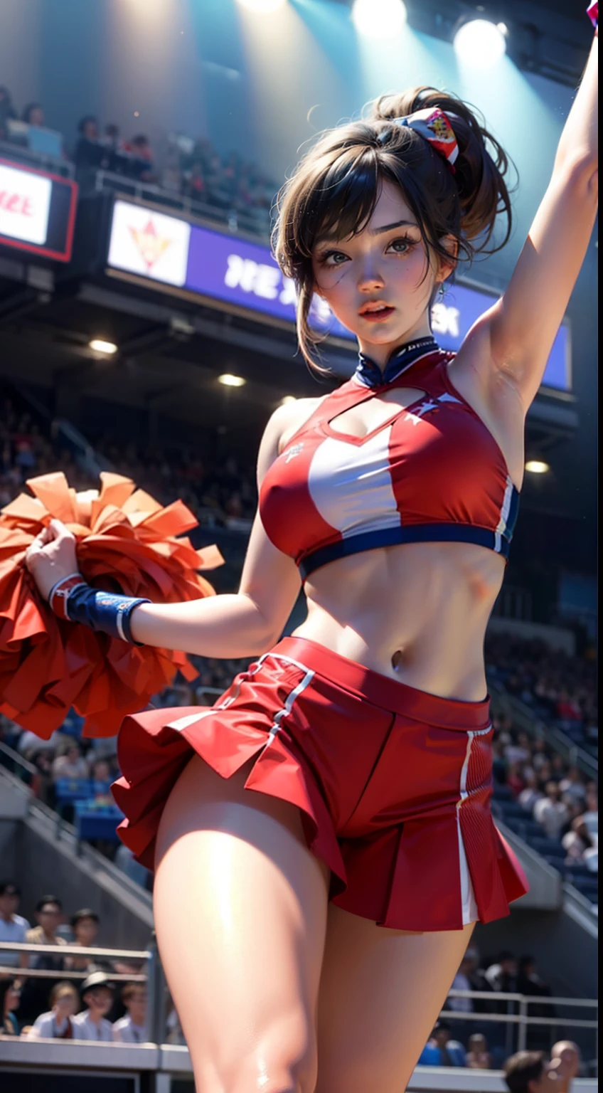 Beautiful woman in intricate bright American cheerleading costume