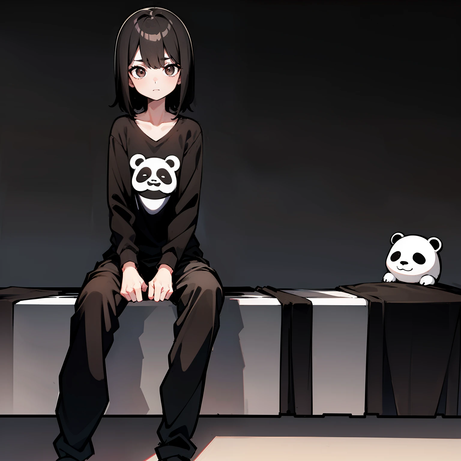 loli, super skinny, super skinny body, black hair, dark circles under eyes, brown eyes, bored expression, panda bear shirt, black and white cargo pants, ((high resolution)), ((high quality)), tired expression , anemia, depression , lifeless eyes, sitting with face on table