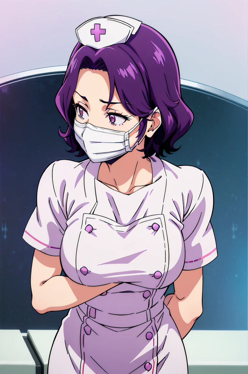 hamaoka azusa, purple eyes, purple hair, short hair, large breasts, solo, Nurse, ((White nurse cap, White nurse uniform)), ((White legwear, zettai ryouiki)), White Gloves, ((White surgical mask, Cover the nose)), Standing, ((Hospital room)), sharp outline, Short sleeves, Best Quality, masutepiece