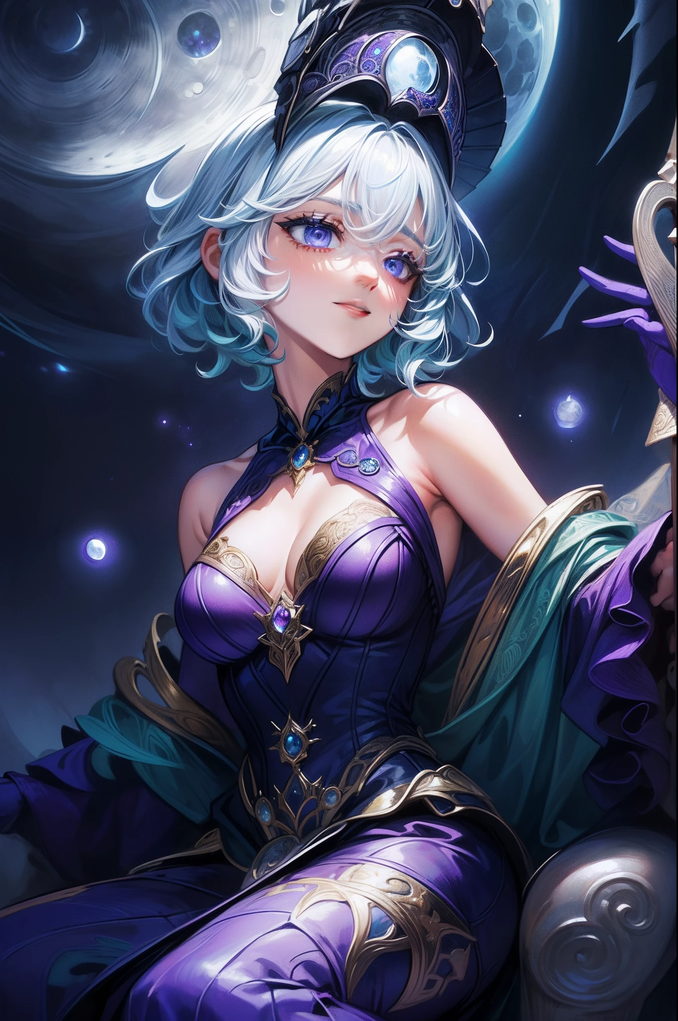 (masterpiece, top quality, best quality, official art, beautiful and aesthetic:1.2), (1girl:1.3), extremely detailed,(fractal art:1.2),colorful, highest detailed, (zentangle:1.2), (dynamic pose), (moonlight background:1.5), (purple dress:1.2), (shiny skin), soft blending, upper body,armpit pose detailed,sit at throne,seductive face,sexy pose,sadness smile,short hair,focalors,Focalorshead