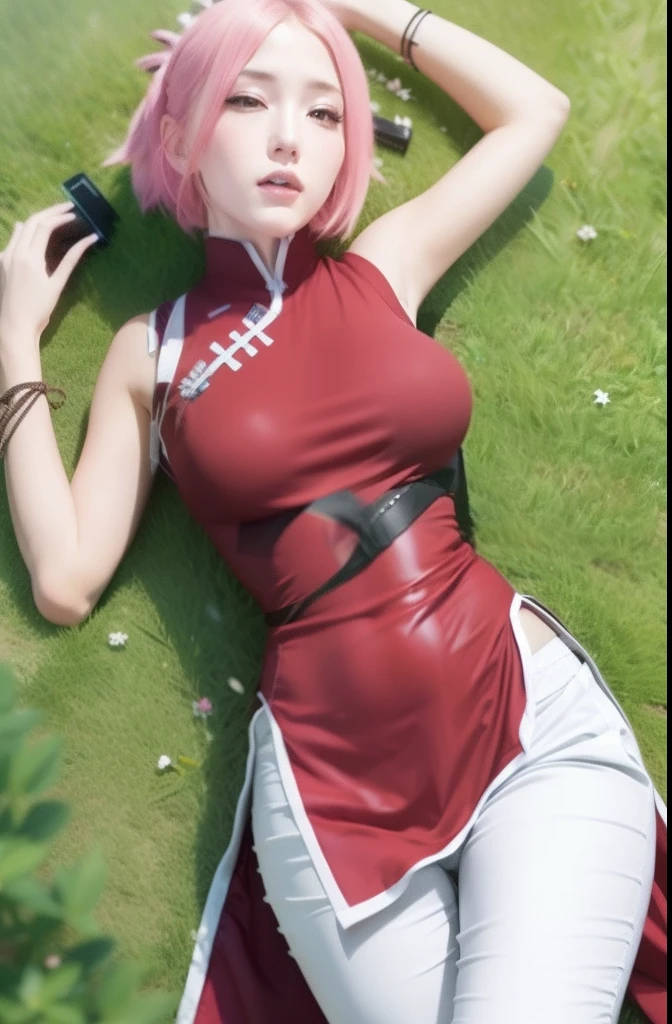 Sakura uchiha. A woman lying in the grass. He was wearing a red cedar and white pants. Her clothes looked so tight that it made the curves of her body faint. Including her breasts. It looks so big and round. She also had short pink hair that wasn't covered in knots. As white as snow. With rosy cheeks and tiny pink lips. He looked into the camera. So pretty. sexy and realistic