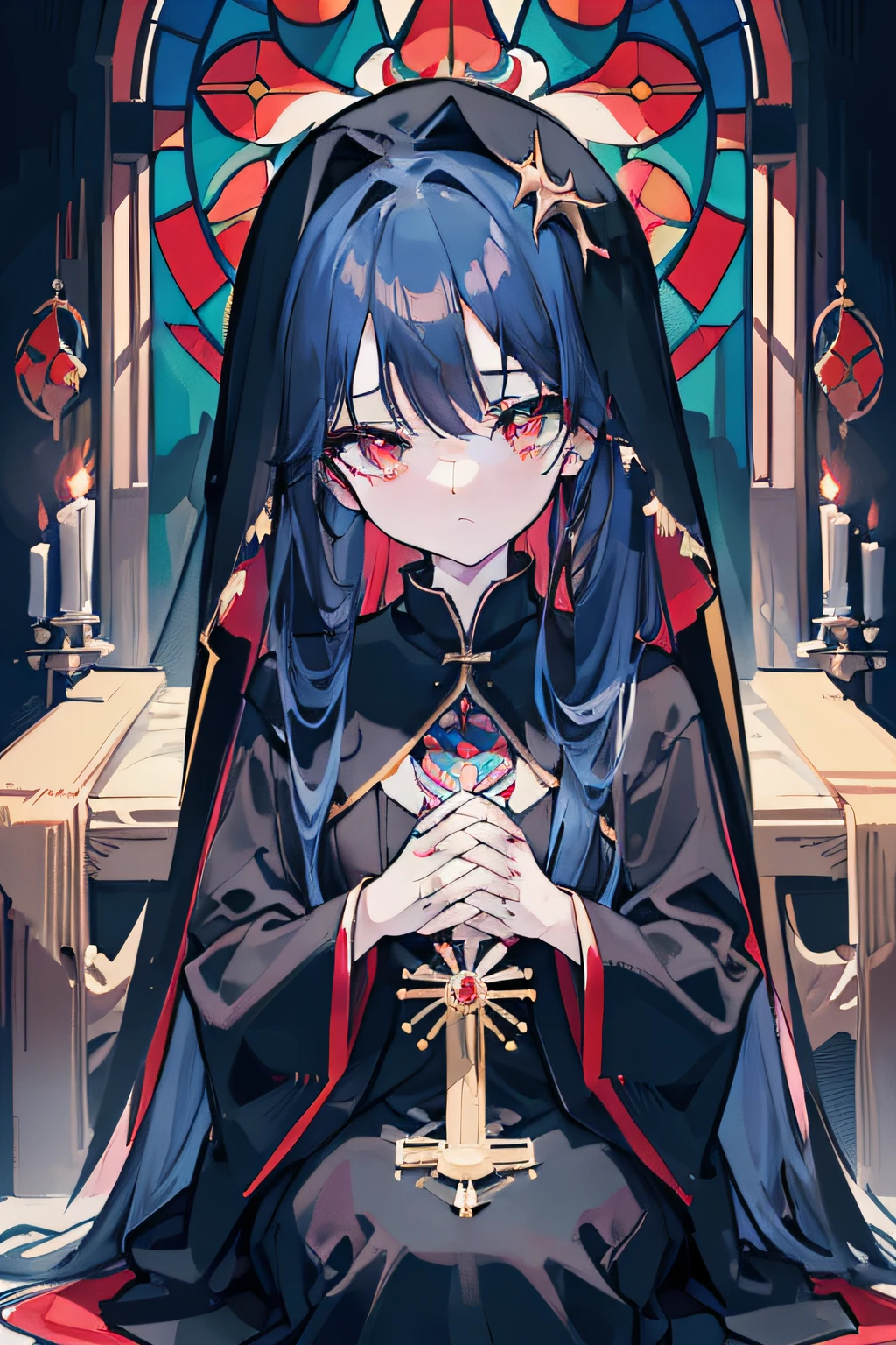 masterpiece, best quality, 1girl, long hair, (blue hair), very long hair, twintail, red eyes, round eyes, expressionless, ((black dress)), ((black veil)), ((sitting in front of the altar)), (((detail face))), ((praying with both hands together)), holy, dark, ((stained glass))