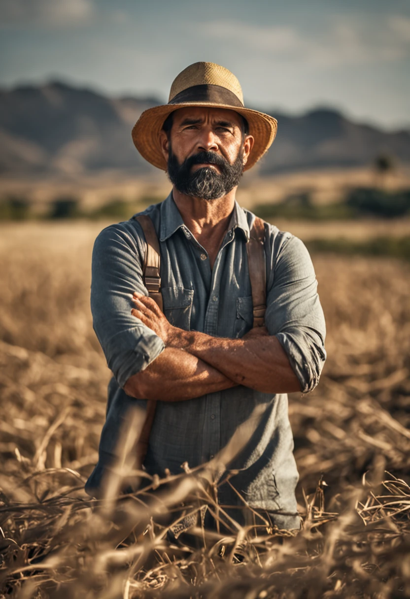 1man, smart man, 42 year old, short black hair, black eyes, tan skin bearded farmer with straw hat standing crossed arms in field with sun behind him Natural volumetric lighting and better shadows, profundidade de campo profunda, foco clear, Portrait incredibly beautiful muscles, corpo inteiro, belo rosto viril, barba, atraente com olhos claros, sorriso sedutor, cabelo cinza curto desgrenhado, camisa branca apertada, jeans, (messy painted body: 1.05), (fundo de rua com lojas: 1.15), hospital, (arms down 1.2), bandaged broken arm, pitoresco, Overexposure, fotorrealismo, fotorrealista, nsfw, sexy,, clear, focado, centrado, sensual, HD, 8k, DSLR, RAW