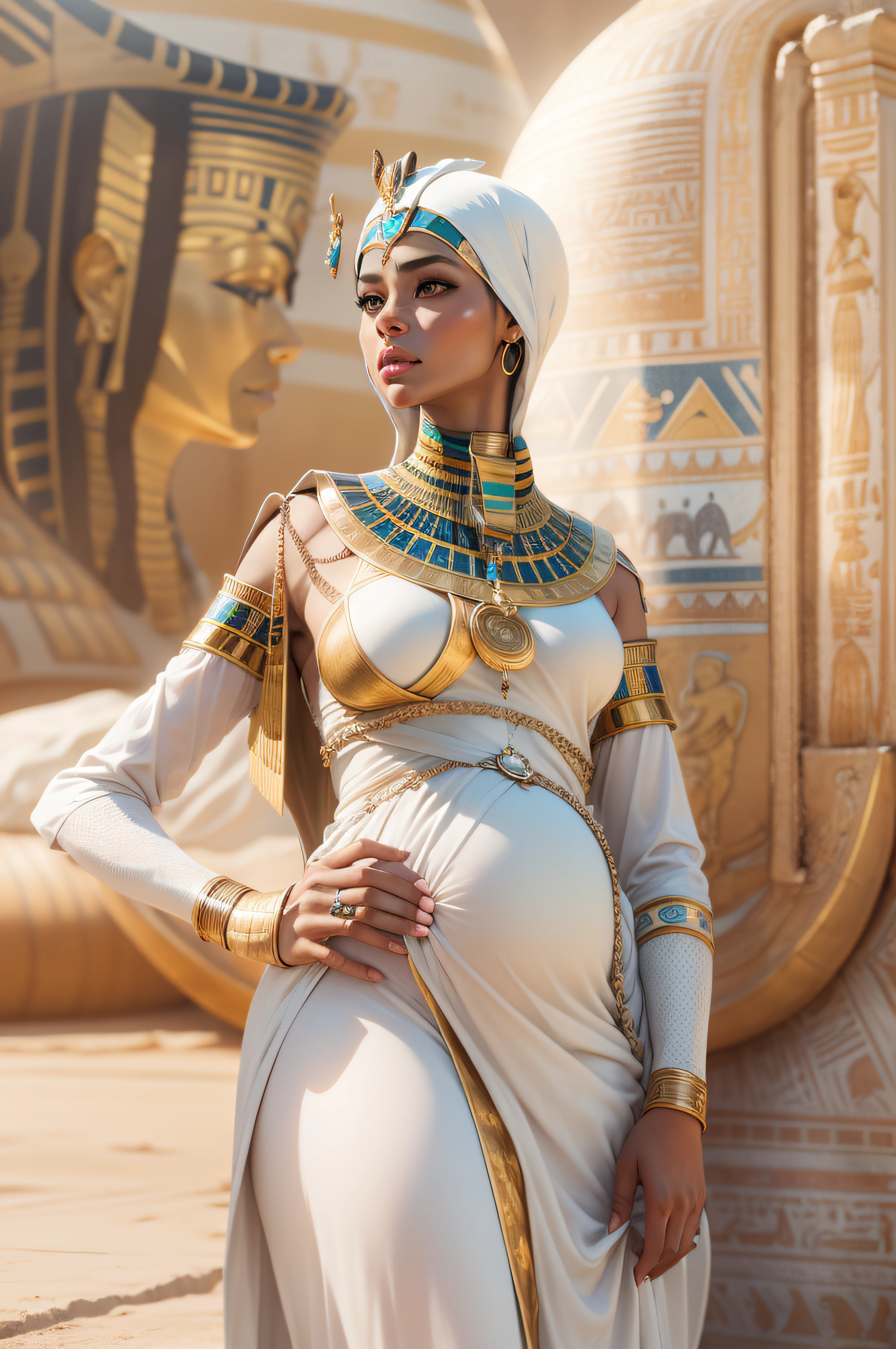 Futuristic Pregnant Egyptian Queen character in a futuristic white clean world setting HD photography, ultra-realistic, King Tut, 4k, hyper-realistic, sharp texture, color