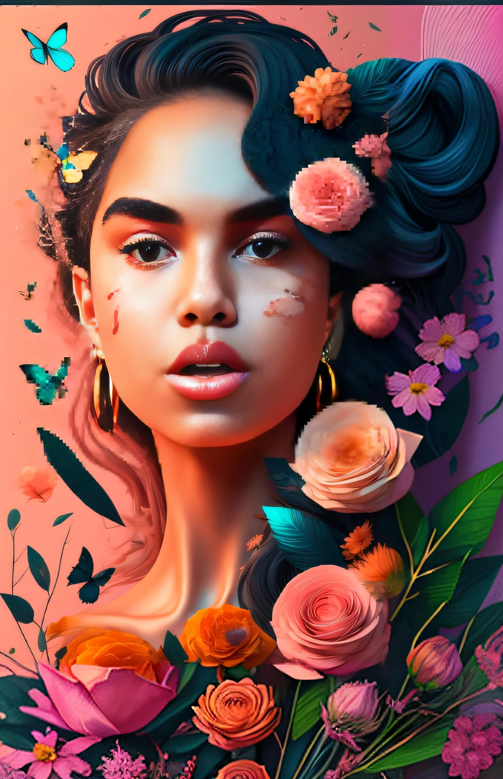 a woman with flowers in her hair and a butterfly above her head, in illustration style digital, stunning digital illustration, arte do photoshop, bela arte digital, Beautiful digital illustration, digital illustation, Grande arte digital com detalhes, em estilo de pintura digital, exquisite digital illustration, retrato de arte digital, imagem de arte digital, pintura digital brilhante, arte profissional do photoshop, feito com photoshop