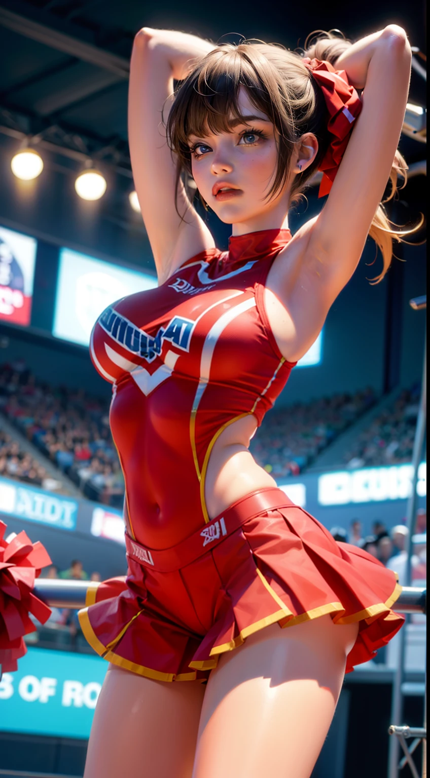 Beautiful woman in intricate bright American cheerleading costume