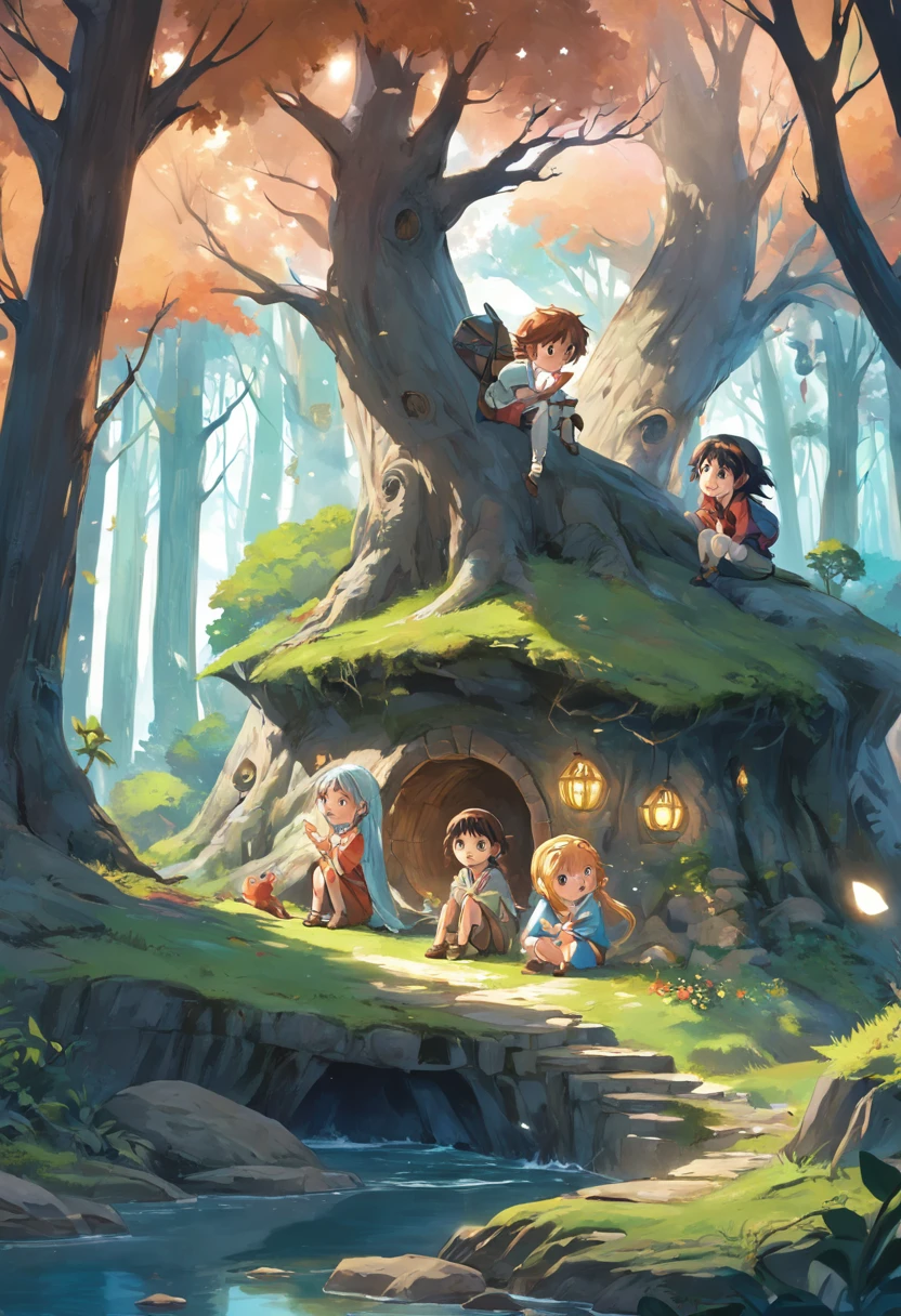 Draw a captivating scene that shows the four children, Clara, JOHN, Sofia e Pedro, sitting in a circle in the forest, spreading a magical map in front of you. They are enthusiastically discussing the rumors about the treasure hidden in the Enchanted Forest. Na imagem, Be sure to highlight the excitement and determination on their faces as they plan their journey. You might be able to include map elements that point the way forward.
This will help illustrate the chapter in which the children decide to embark on the exciting quest for the magical treasure, taking readers to the next phase of their adventure in the Enchanted Forest.