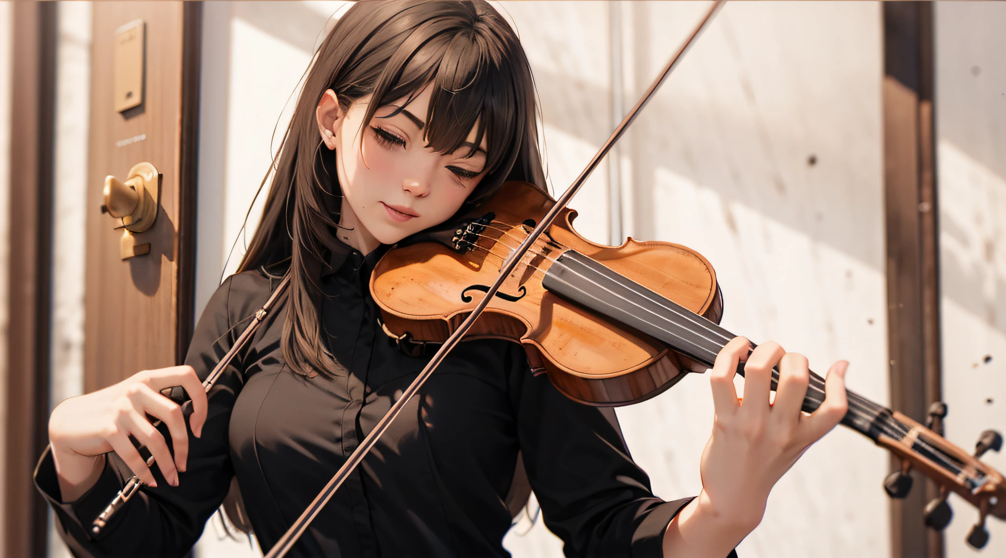 1girl, tocar violinoo, violino, arco \(music\), Stand na rua, casaco, inverno, echarpe, Nevando,   cabelos dourados, Interior,
best quality, 8k, master part,