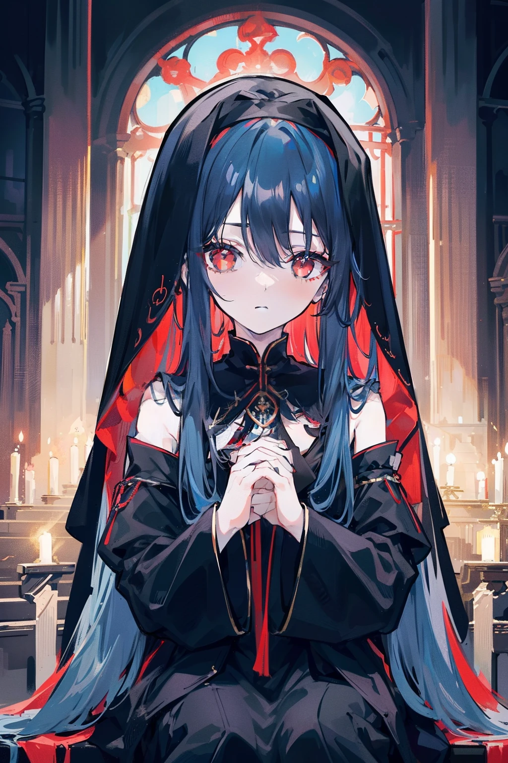 masterpiece, best quality, 1girl, long hair, (blue hair), very long hair, twintail, red eyes, round eyes, expressionless, ((black dress)), ((black veil)), ((sitting in front of the altar)), (((detail face))), ((praying with both hands together)), holy, dark