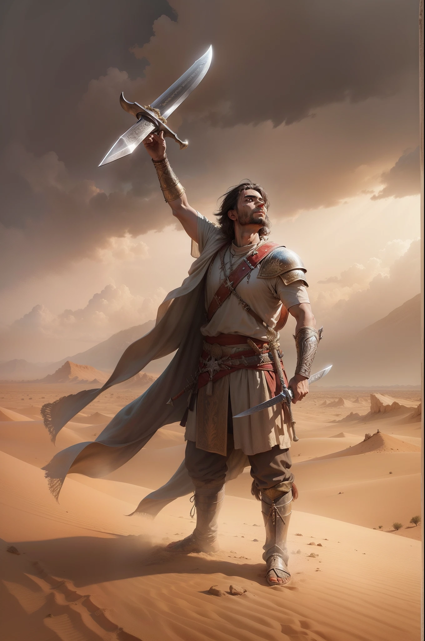 Jushua looking up with sword in hand, biblical warrior, deserto, Gritando, Bible, Biblical character, Estilo realista