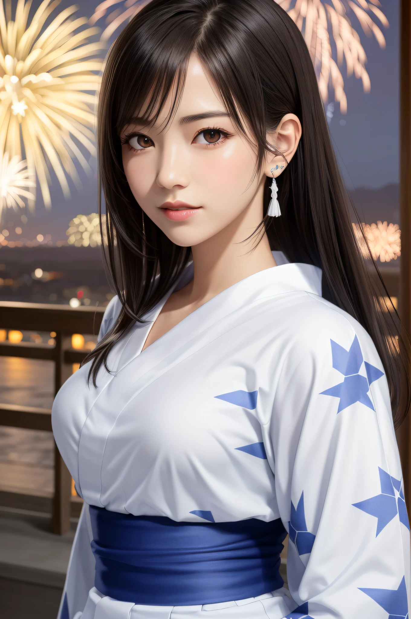 (top quality, masutepiece: 1.1), (Real: 1.4), BREAK (((FF7)))(((Tifa))),(Tifa:1.2,ponytail),(Fireworks:1.1,evening:1.5), BREAK (((FF7)))(((Tifa))),(light brown hair, Large breasts: 1.2), (Tifa wearing cute yukata:1.8), BREAK (oiled skin: 1.4), About 18 years old,