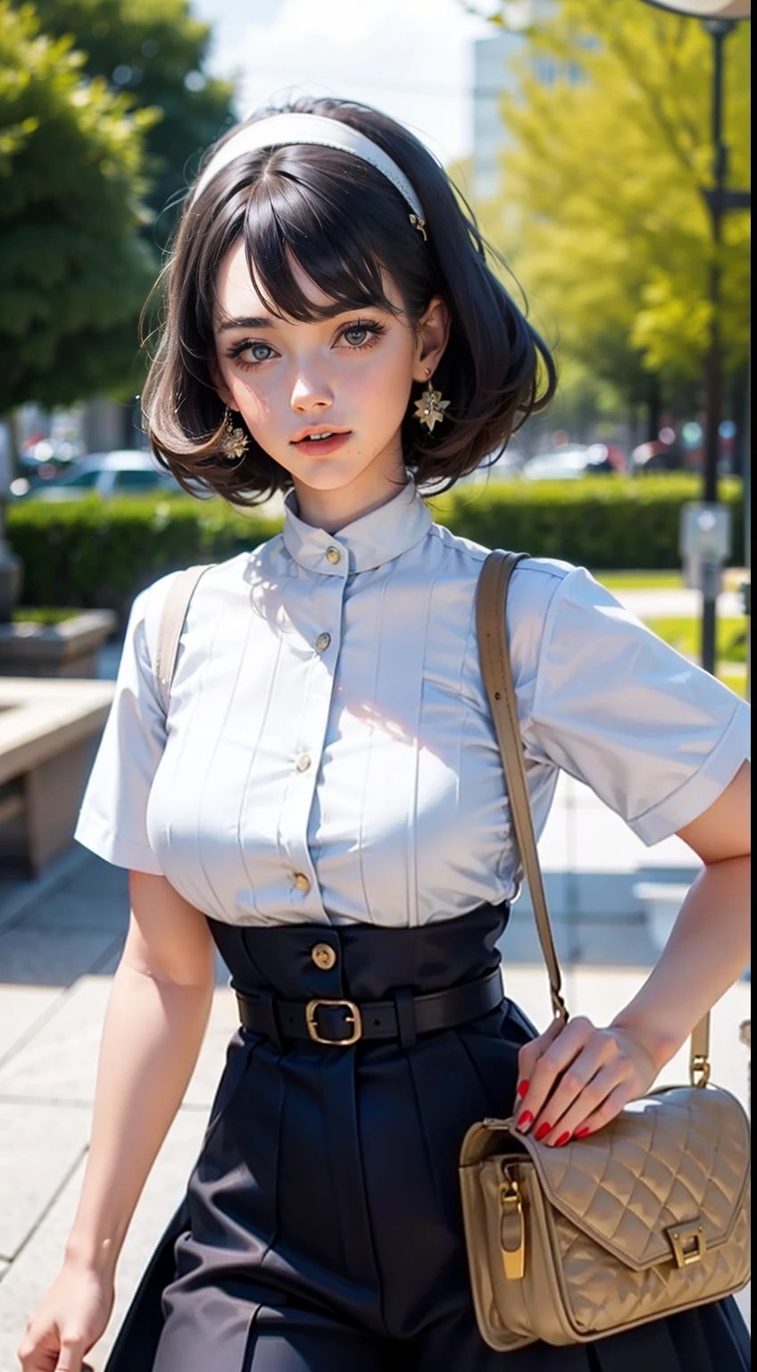 Beautiful woman in complex 60's classic vintage american housewife outfit