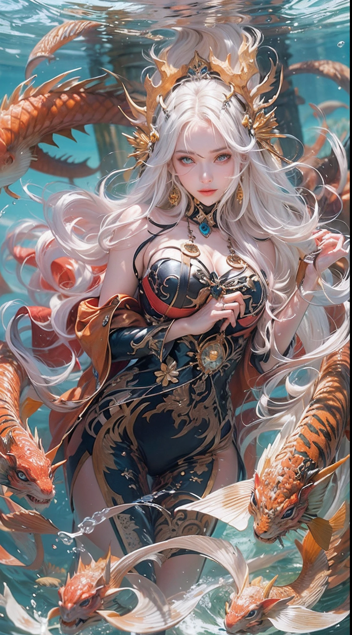 teengirl, princess of dragon, （Highest quality authentic textured skin),(abyssal),(Fine, Round, Symmetrical eyes),Delicate facial features,(Burning bright and cold eyes), she have beautiul tiger eyes, very slim and thin body, naked, nude, (She has a mischievous smile on her face),(Her face is gentle and beautiful),Glass earrings on the ears,,(Blonde hair),(silvery white hair),(Maroon hair),(Swim at the bottom of the sea)，(Full body portrait:1.5),(Dramatic photo:1.4),(dramatic pose),(flamboyant photo)(facing up),(Looking down),(Around her neck hangs a simple necklace of exquisite craftsmanship),A messy painting，(Hair flows in water:1.5),(Underwater, Marine life, Beautiful coral reef, Fish),(Vortices and tidal currents in the background),(Dramaticlight),(Magnificent scene),(Surrounded by beautiful dragon),In the distant background is a temple submerged in a coral reef,the reef,Epic realism,Cinematic feeling,(high-density imaging review:1.5),(Soft color:1.2),Ultra detailed,Dramaticlight,(intricately details:1.1),the complex background,