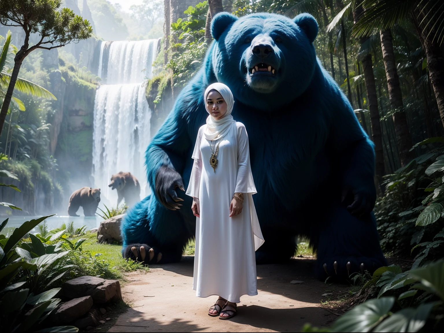 Cute malay girl in hijab and wearing white baju kurung with 1 extra large blue angry bear behind her, fantasy jungle background, high quality, ultra detail,