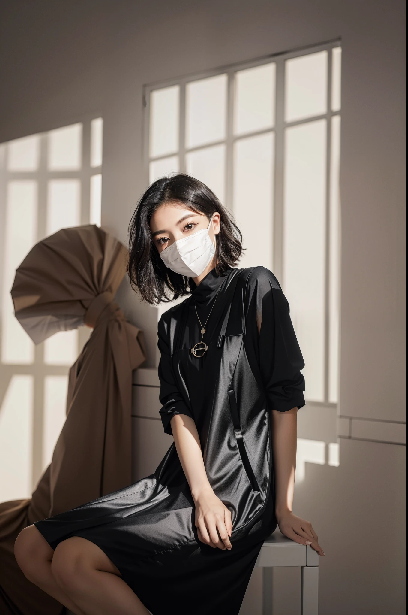 The Arad woman sat in a chair,A mask is worn on his face, Wearing an all-black door wave mask, photoshoot, wearing face mask, with short hair, cinematic outfit photo, high - end fashion photoshoot,