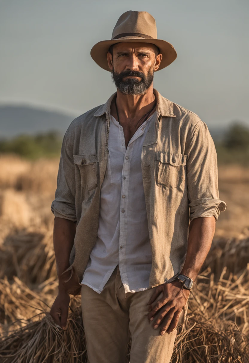 1man, smart man, 35 years old, short black hair, black eyes, tan skin bearded farmer with straw hat standing crossed arms in field with sun behind him Natural volumetric lighting and better shadows, profundidade de campo profunda, foco clear, Portrait incredibly beautiful muscles, corpo inteiro, belo rosto viril, barba, atraente com olhos claros, sorriso sedutor, cabelo cinza curto desgrenhado, camisa branca apertada, jeans, (messy painted body: 1.05), (fundo de rua com lojas: 1.15), hospital, (arms down 1.2), bandaged broken arm, pitoresco, Overexposure, fotorrealismo, fotorrealista, nsfw, sexy,, clear, focado, centrado, sensual, HD, 8k, DSLR, RAW
