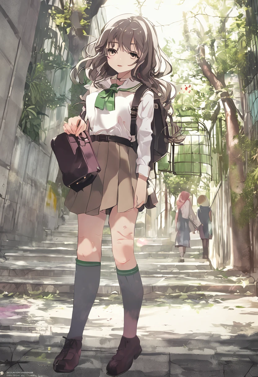 girls,Green school uniform,150cm high,White skin,with glasses,curlies,