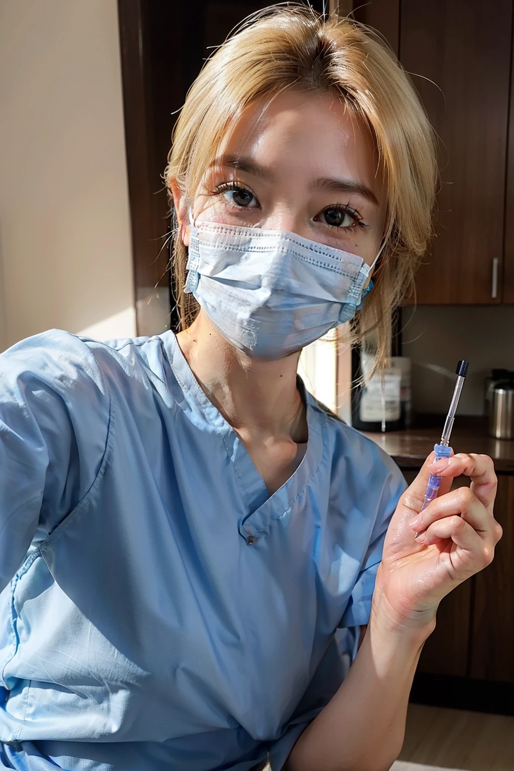 Woman in light blue shirt、surgical mask、Holding tweezers in your hands, Bottom Angle、surgeon, holding syringe,Laughing Nurse Girl, Rostran 8K, healthcare worker, Surgery IV, Selfie in 8K, Nurse, surgical mask covering mouth, hyper realstic, (doctor)、((blondehair))、Highly detailed facial and skin texture、A detailed eye、二重まぶた、((top-quality、8K、​masterpiece：1.3)