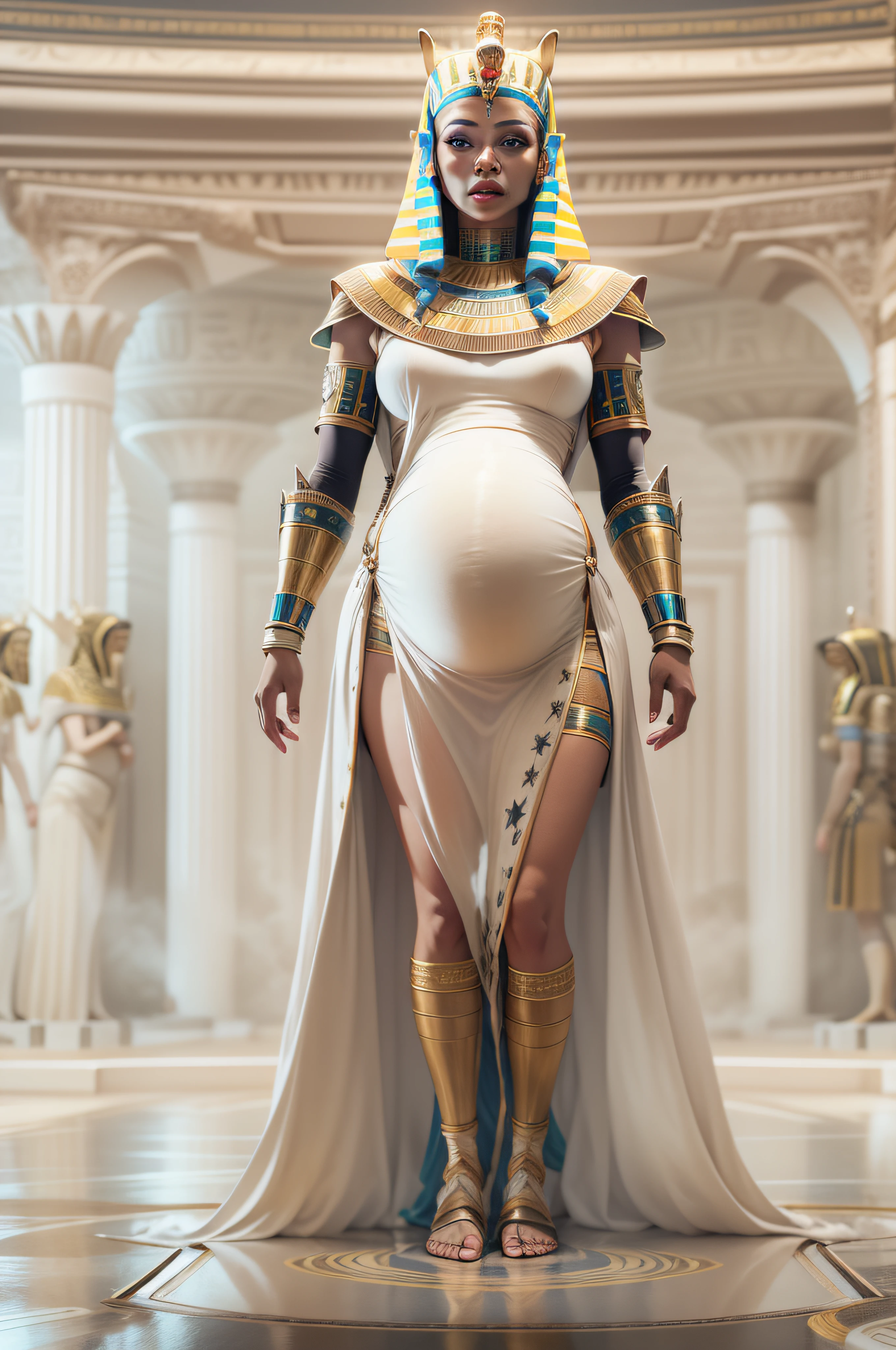 Futuristic Pregnant Egyptian Queen character in a futuristic white clean world setting HD photography, ultra-realistic, King Tut, 4k, hyper-realistic, sharp texture, color