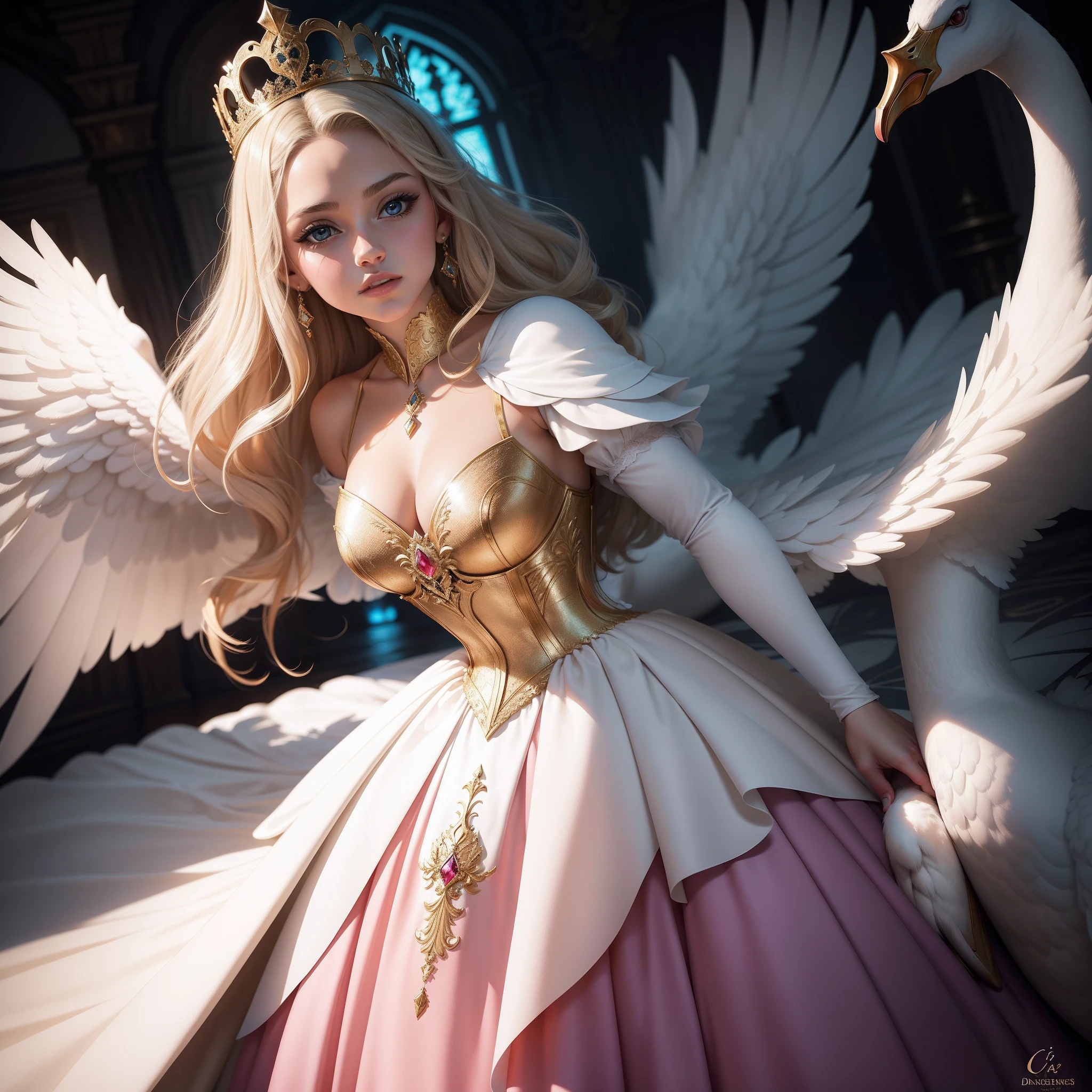 12 cisnes selvagens e 1 princesa, princesa com vestido lindo, alta qualidade, super detalhada, pintura realista.