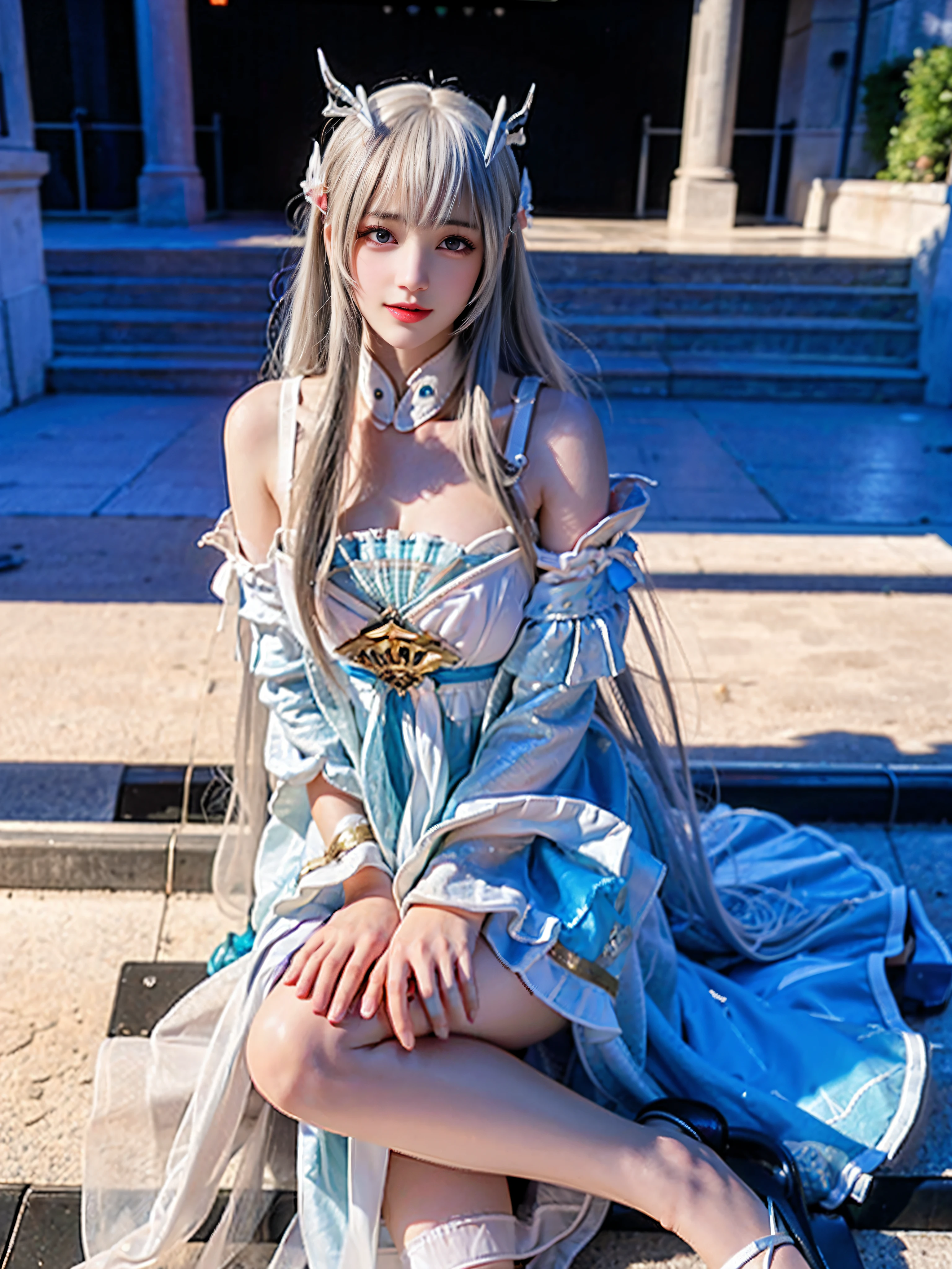 1girl,solo,palace,gawr gura,floating hair,hair ornament,jewelries,accessories,little girl,loli, detailed hand,white hair,blue hair,streaked hair,beautiful detailed eyes,blue eyes,white robe,greek clothes,sitting,flowing clothes,dutch angle,colorful corals,coral reefs,pillars,pantheon,white pillars,white palace,