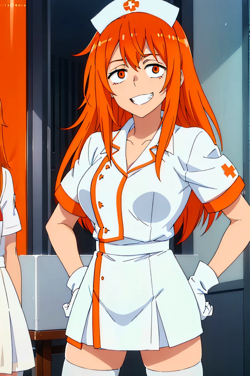 Gamo Chan, long hair, orange hair, orange eyes, large breasts, solo, Nurse, ((White nurse cap, White nurse uniform)), ((White legwear, zettai ryouiki)), White Gloves, Show your teeth and smile, Standing, ((Hospital room)), sharp outline, Short sleeves, Best Quality, masutepiece