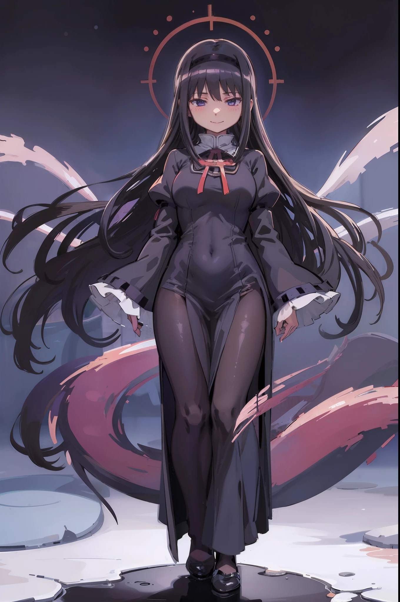 , (masterpiece:1.2), (best quality:1.15), extremely detailed,1girl, detailed,1girl, solo, homuramagica, long hair, pantyhose,, long dress, priestess, blackcloths, black veils, gothic, long skirt, black robe, religious, standing, full body, medium breast, mature woman, tallgirl, standing,smile,, purple eyes,homura