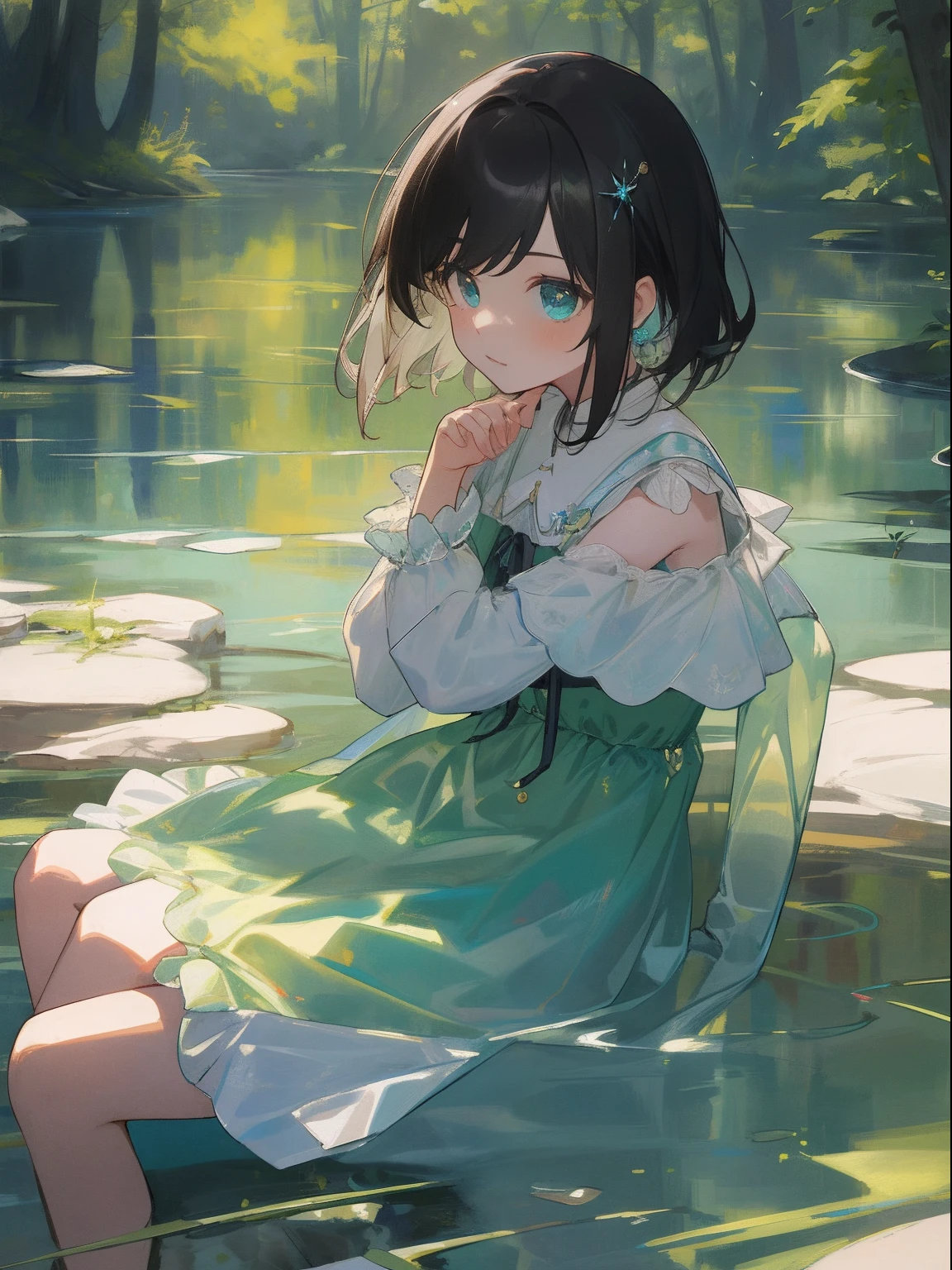 masterpiece, top-quality, 1girl in, The upper part of the body, sitting on, shorth hair, , A dark-haired, 、Emerald Clothes, frilld、Side angle