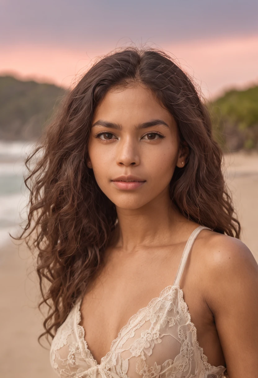 "Retrato de corpo inteiro da atraente com cabelo encaracolado, figura pequena, beach setting, beautiful face, pele morena do Sol, Mulher Latina, Central American Woman, Dominican Republic. Mostre sua beleza natural. ((pele altamente detalhada, detalhes da pele)), alegre, foco nítido, 8k UHD, DSLR, alta qualidade, filmic grain, luz de aro, cromo koda, seios grandes estourando (((tiro de corpo inteiro))),