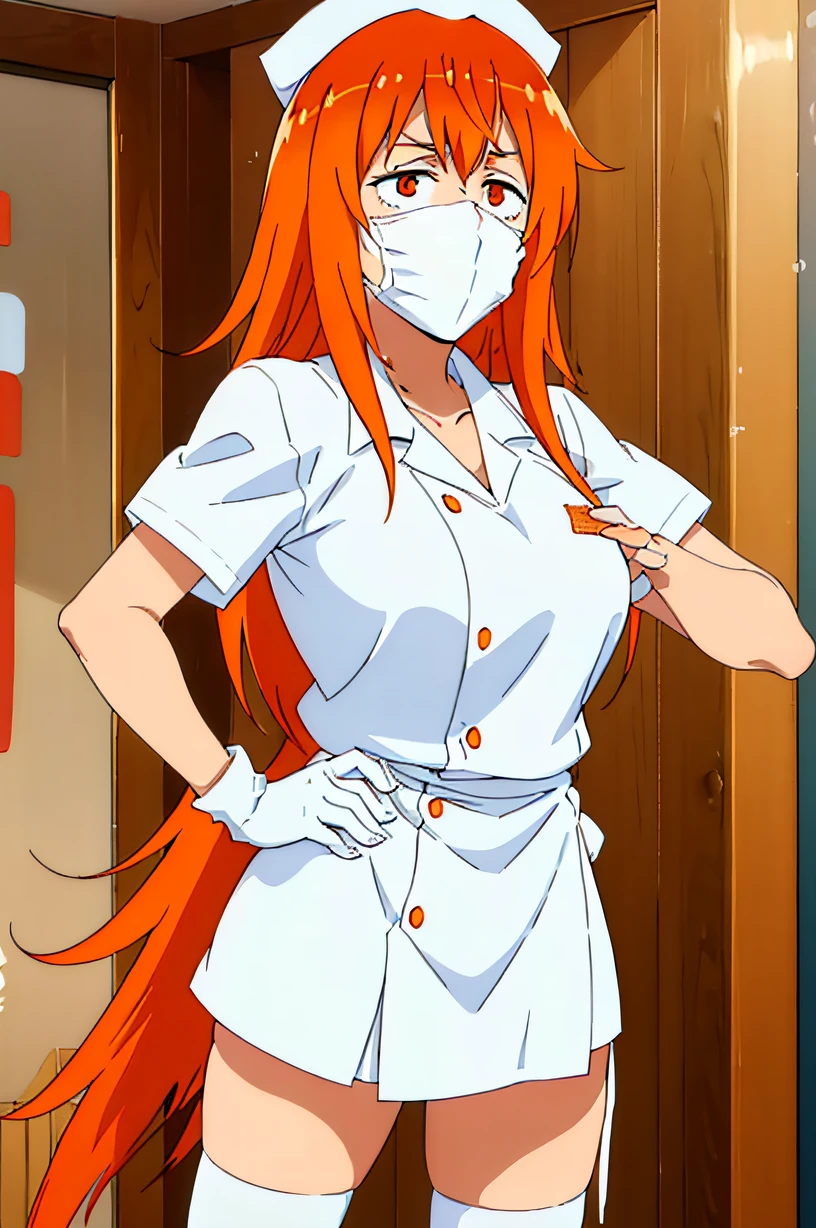 Gamo Chan, long hair, orange hair, orange eyes, large breasts, solo, Nurse, ((White nurse cap, White nurse uniform)), ((White legwear, zettai ryouiki)), White Gloves, ((White surgical mask, Cover the nose)), Standing, ((Hospital room)), sharp outline, Short sleeves, Best Quality, masutepiece