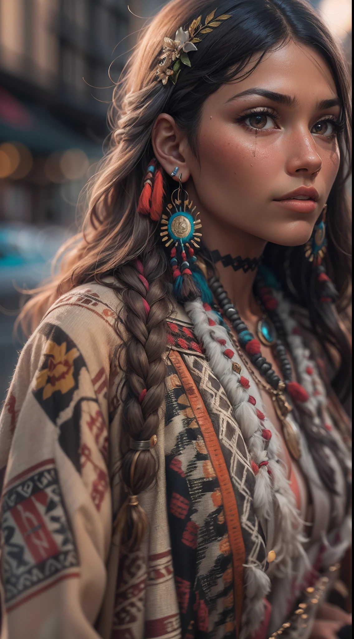A very realistic and highly detailed portrait of a beautiful Native American woman wearing sunglasses in Future New York City , corpo inteiro , ((Zendaya is a Native American woman)) , Indigenous dress , cabelos longos, Tattoos on hands and body, pose de moda, Beautiful symmetrical hazel eyes detailed, rosto lindo detalhado, Advanced Indigenous Environment , Integration of civilizing populations with the technology of the Future , Detalhe excepcional, 30 MP, 4k, كاميرا كانون EOS 5D Mark IV الرقمية SLR, Lente 85mm, foco nítido, intrinsecamente detalhado, long exposure time, F/8, ISO 100, Velocidade do obturador 1/125, luz de Fundo diFusa, ((FotograFia premiada)) , facing camera, looking-into-camera, Monovision, contraste perFeito, alta nitidez, simetria Facial, ProFundidade de campo, FotograFia ultra-detalhada, Raitsar, global ilumination, Tanvertamim, Downy, ultra-high definition, 8k, Motor Unreal 5, Ultra-sharp focus, FotograFia premiada, trending on ArtStation