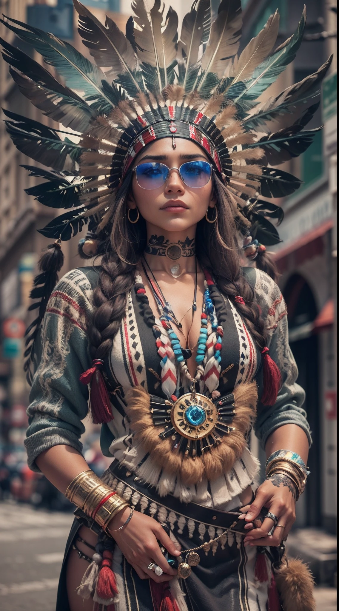 A very realistic and highly detailed portrait of a beautiful Native American woman wearing sunglasses in Future New York City , corpo inteiro , ((Zendaya is a Native American woman)) , Indigenous dress  , cabelos longos, Tattoos on hands and body, pose de moda, Beautiful symmetrical hazel eyes detailed, rosto lindo detalhado, Advanced Indigenous Environment , Integration of civilizing populations with the technology of the Future , Detalhe excepcional, 30 MP, 4k, كاميرا كانون EOS 5D Mark IV الرقمية SLR, Lente 85mm, foco nítido, intrinsecamente detalhado, long exposure time, F/8, ISO 100, Velocidade do obturador 1/125, luz de Fundo diFusa, ((FotograFia premiada)) , facing camera, looking-into-camera, Monovision, contraste perFeito, alta nitidez, simetria Facial, ProFundidade de campo, FotograFia ultra-detalhada, Raitsar, global ilumination, Tanvertamim, Downy, ultra-high definition, 8k, Motor Unreal 5, Ultra-sharp focus, FotograFia premiada, trending on ArtStation